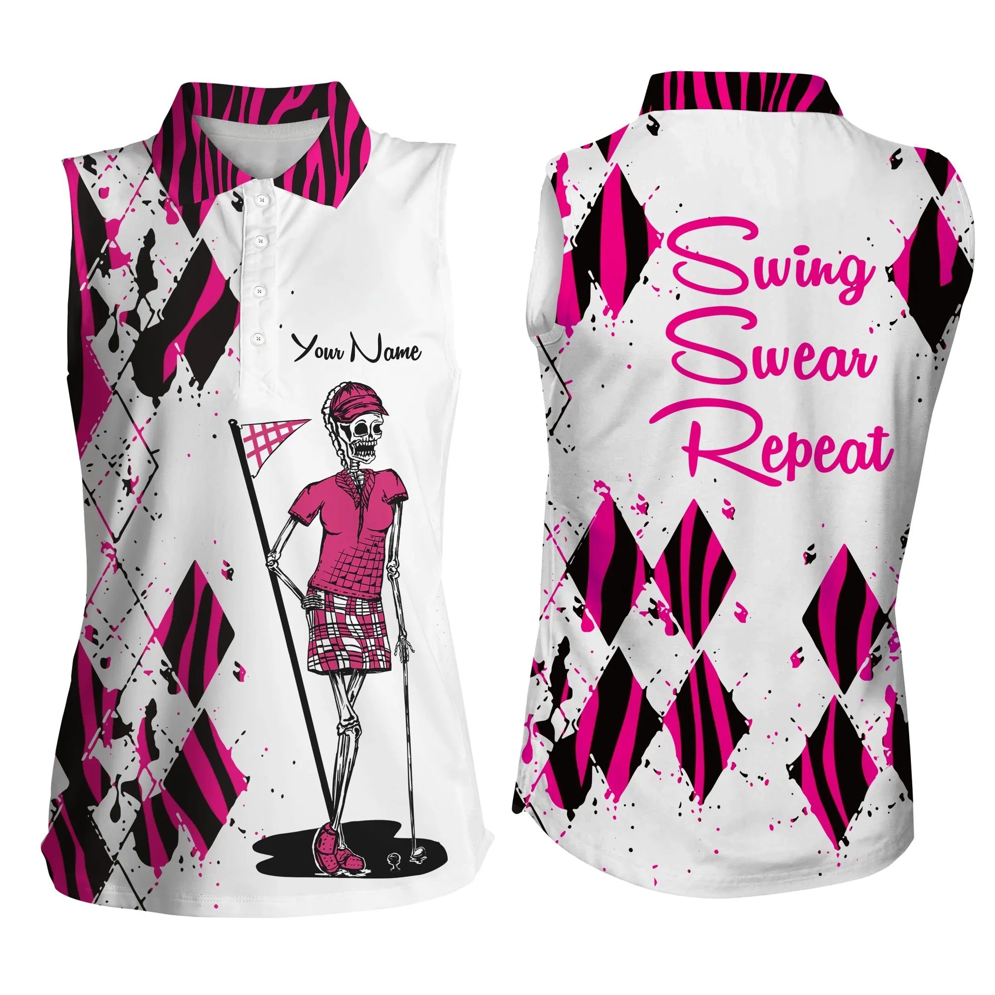 Cool Women Sleeveless Polo Shirts Custom Ladies Golf Skull Pink Zebra Pattern Golf Shirt Swing Swear Repeat
