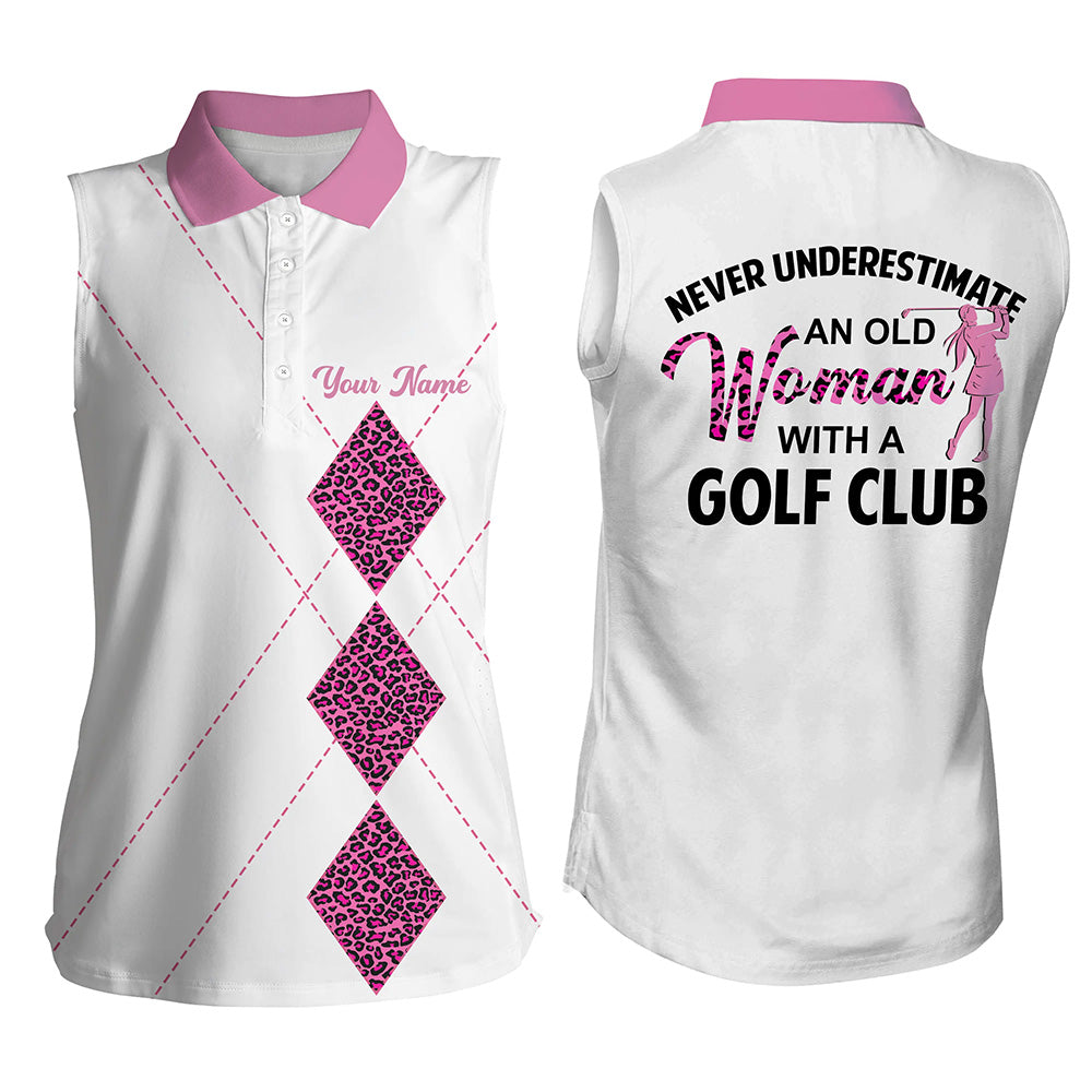 White Pink leopard Womens sleeveless polo shirt/ custom never underestimate old women with a golf club