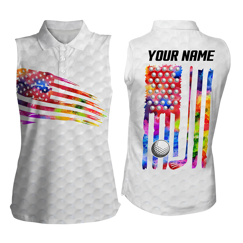 Womens Sleeveless polo shirt/ watercolor American flag patriotic golf shirts custom golf tops