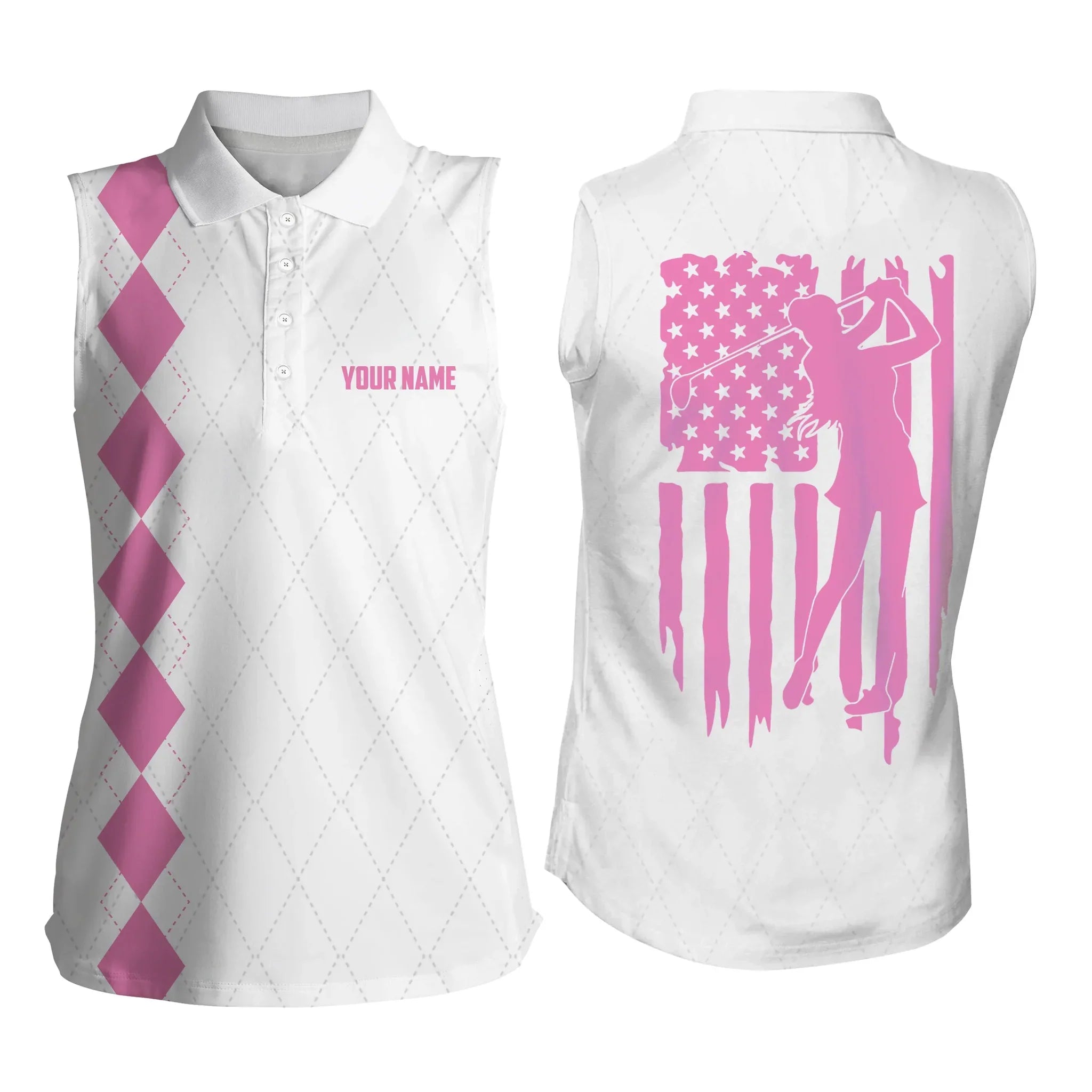 Womens Sleeveless polo shirt/ American flag patriotic golf shirts/ custom name golf gifts