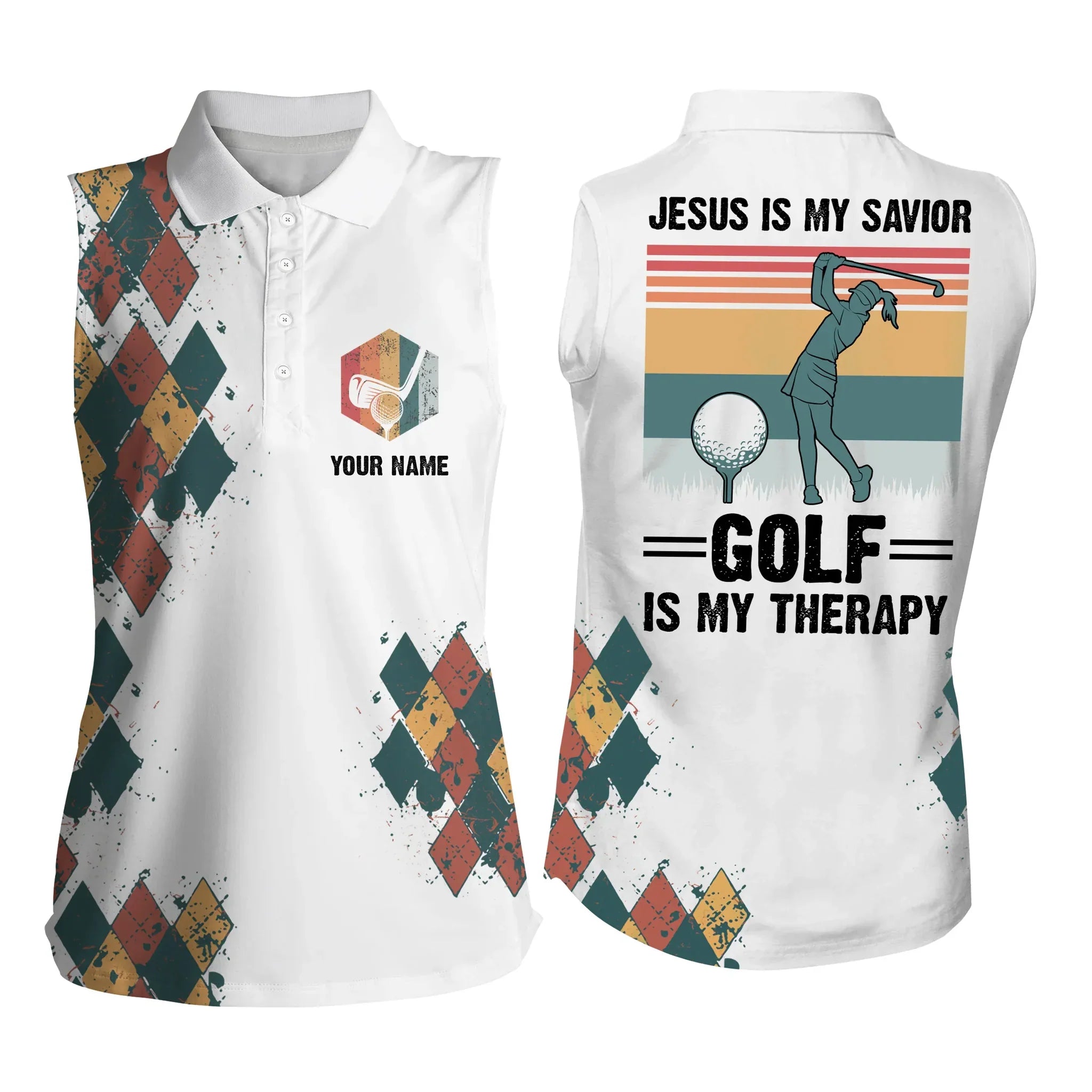 Women Sleeveless polo shirt/ Jesus is my savior golf is my therapy custom name vintage ladies golf tops