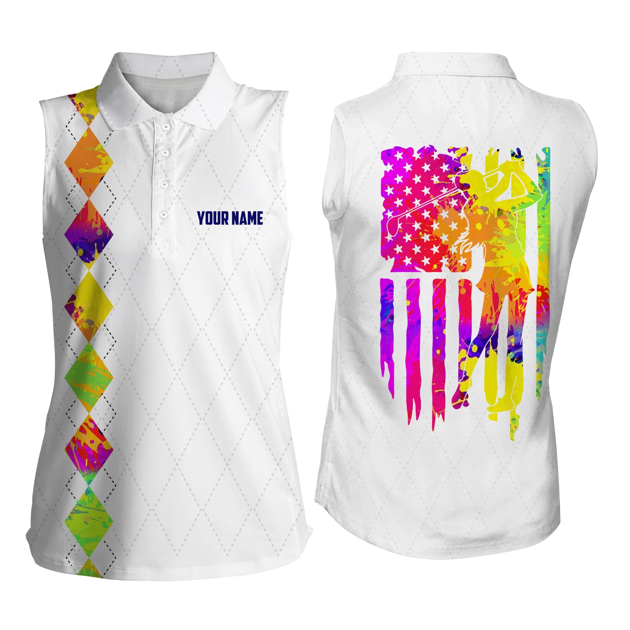Womens Sleeveless polo shirt watercolor American flag patriotic golf shirts custom name golf gifts