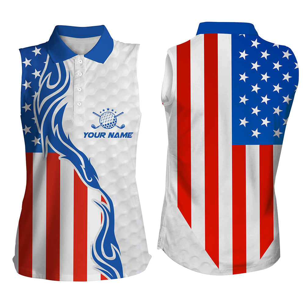 Red/ white/ and blue American flag womens sleeveless polo shirts/ custom patriotic golf shirt for women