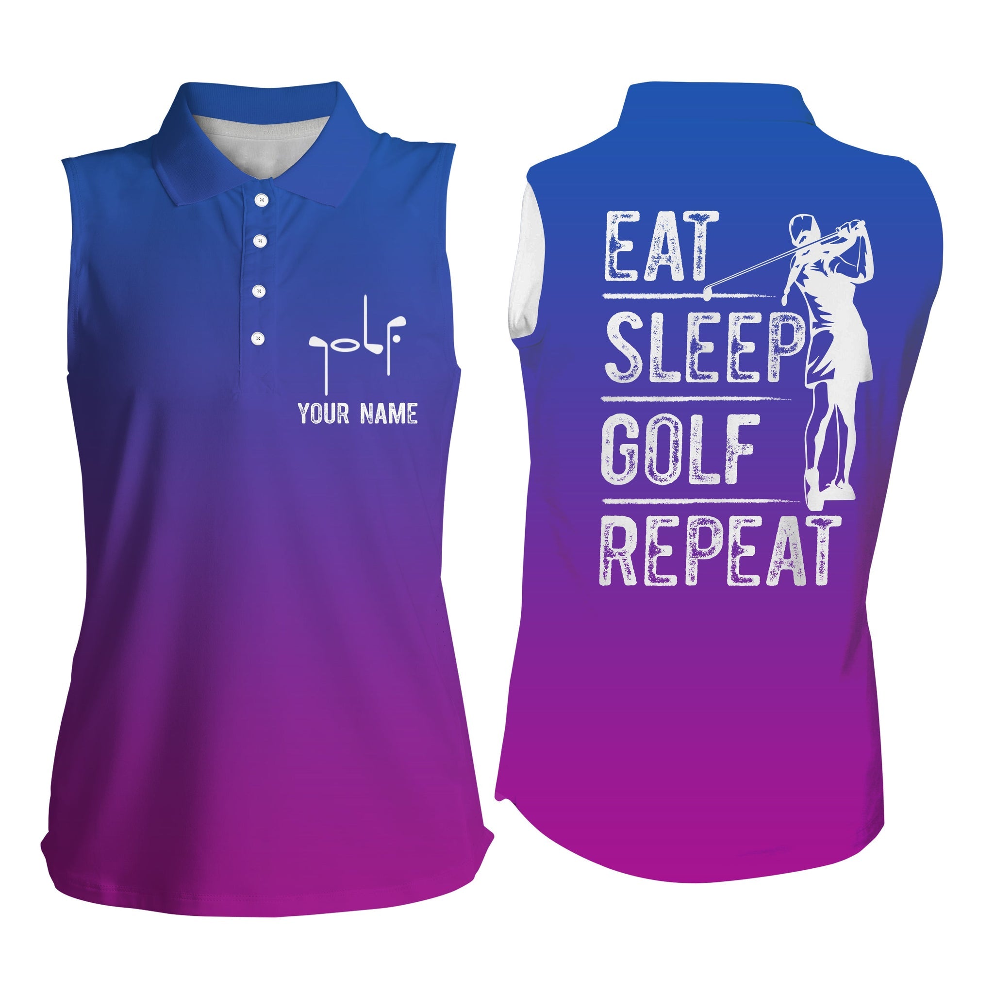 Custom Name Gradient Color Eat Sleep Golf Repeat/ Gifts For Golf Lovers/ Women''s Sleeveless Polo Shirt
