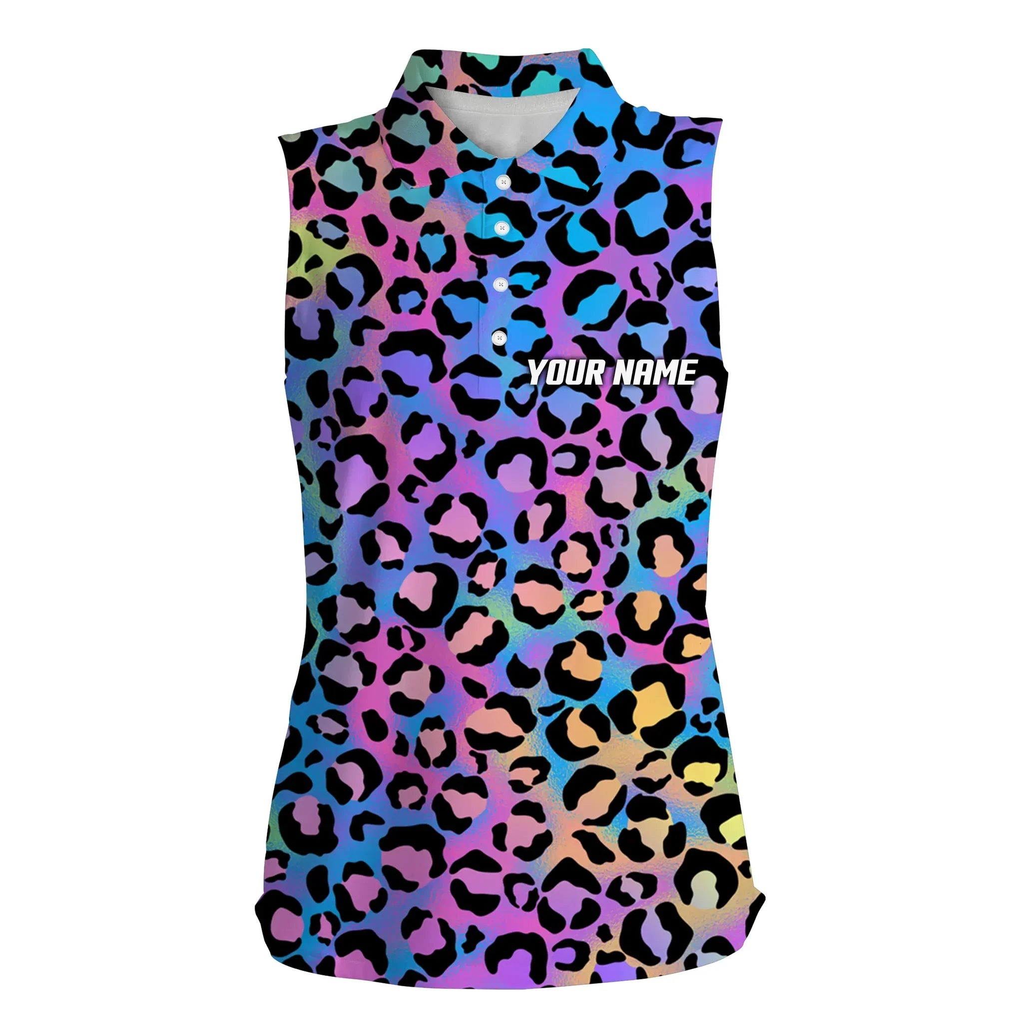 Colorful neon gradient leopard Womens sleeveless polo shirts/ custom pattern golf shirt for women