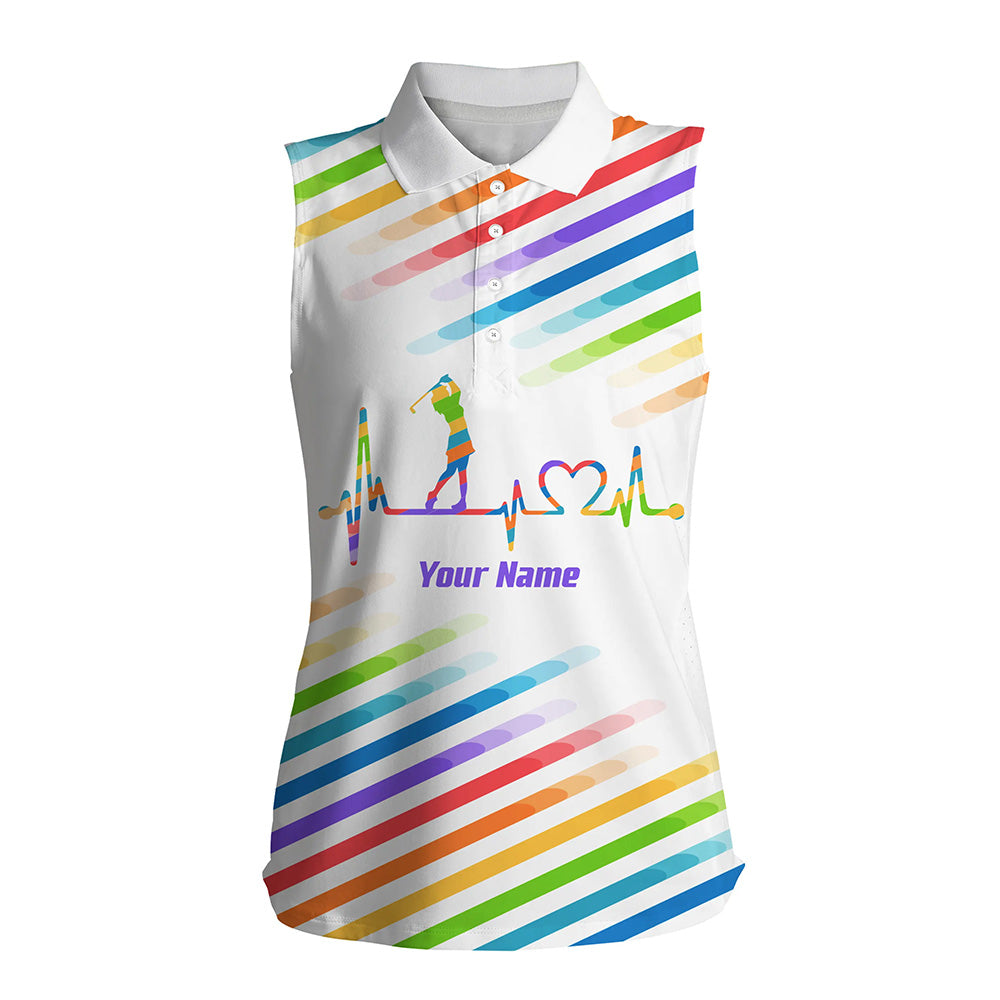 Womens sleeveless polo shirt custom colorful rainbow golf heartbeat tournament ladies white golf tops