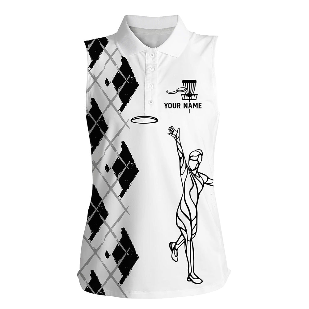 Black and white Women sleeveless polo shirt/ Custom name Disc Golfer shirt/ gift for Disc golf lovers