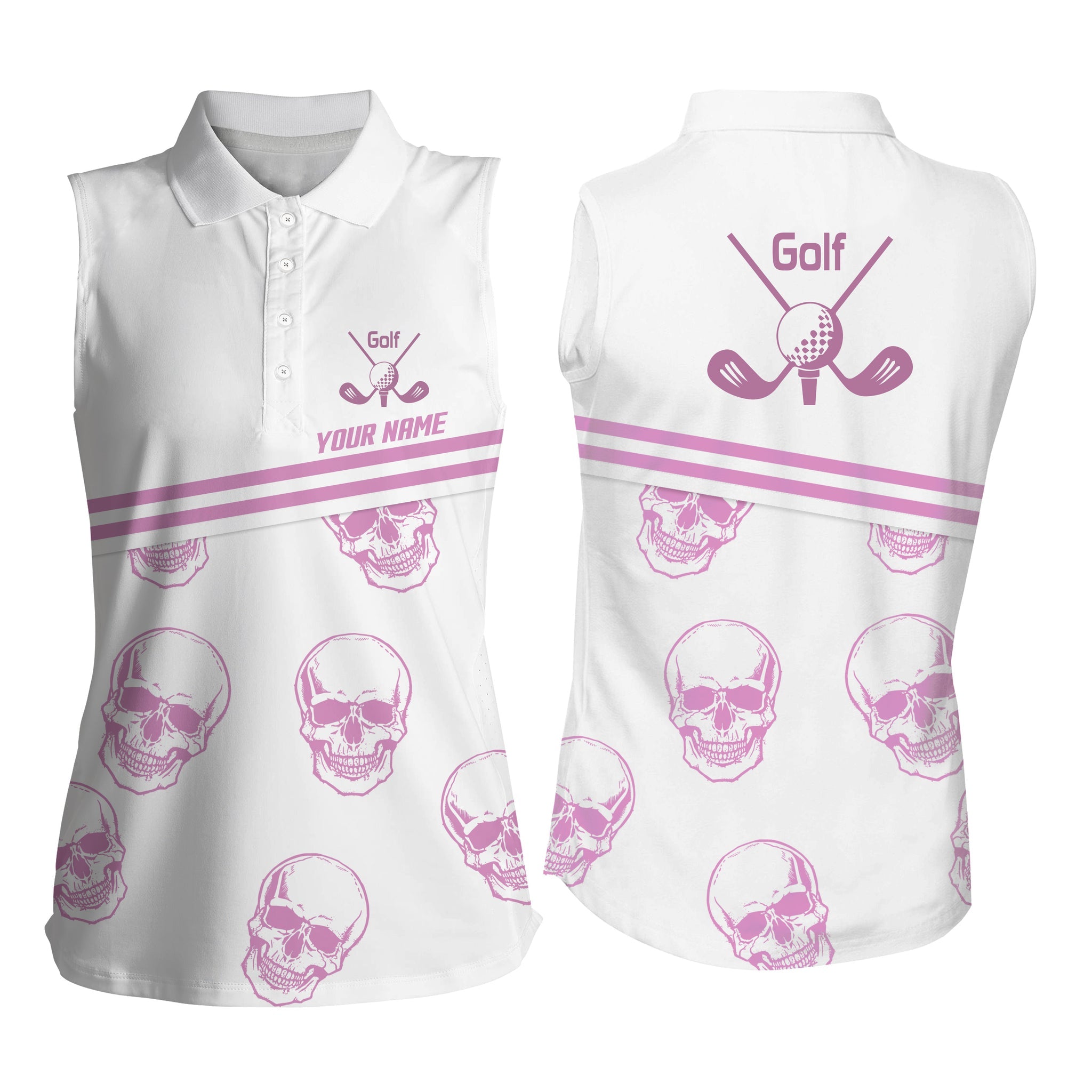 3D All Over Print Sleeveless Golf Polo Shirt/ Custom Name Pink Golf Skull White Golf Shirt For Women/ Golfing Gift