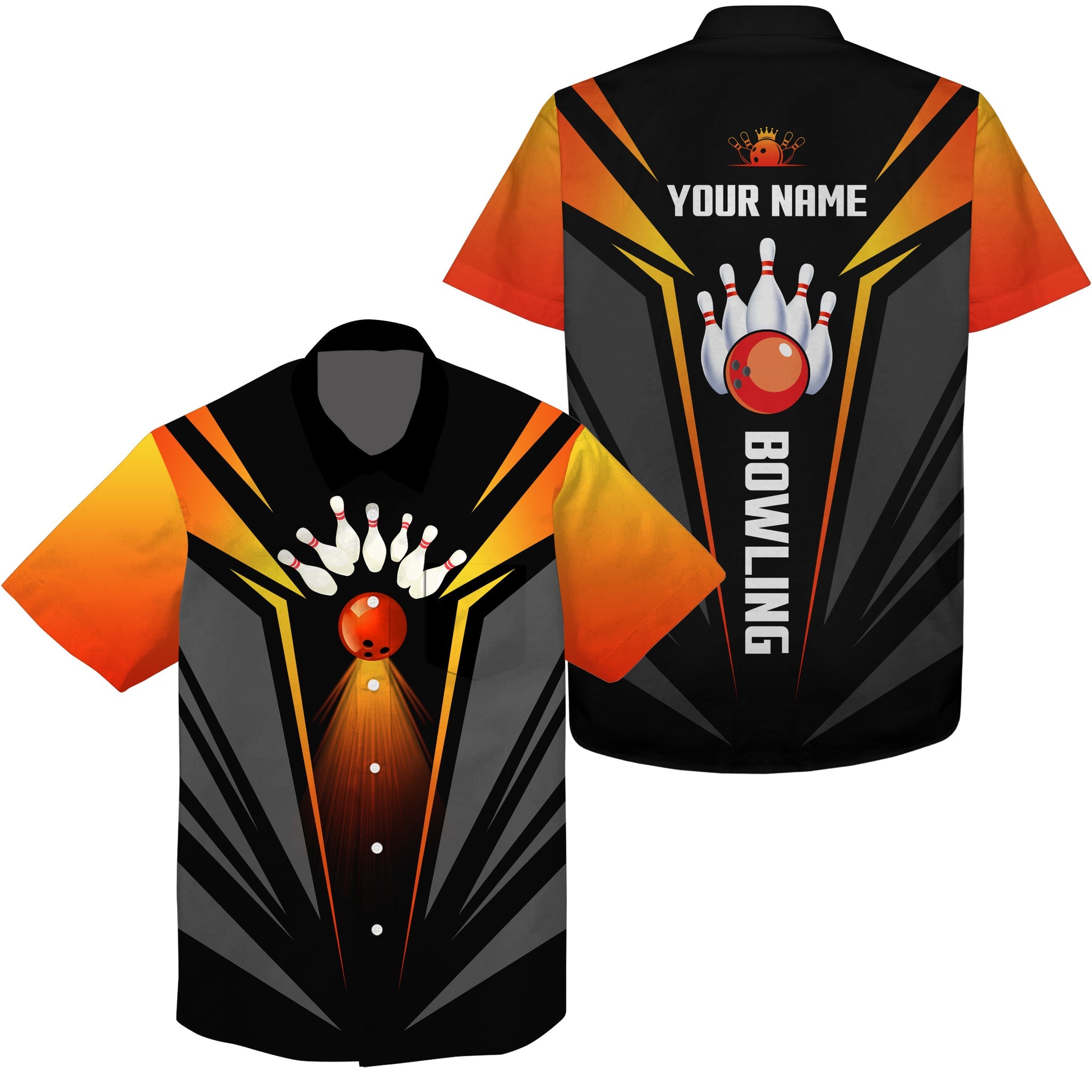 Custom Hawaiian Bowling Shirts Bowling Ball And Pins Team Shirt/ Black Orange Bowl Shirts