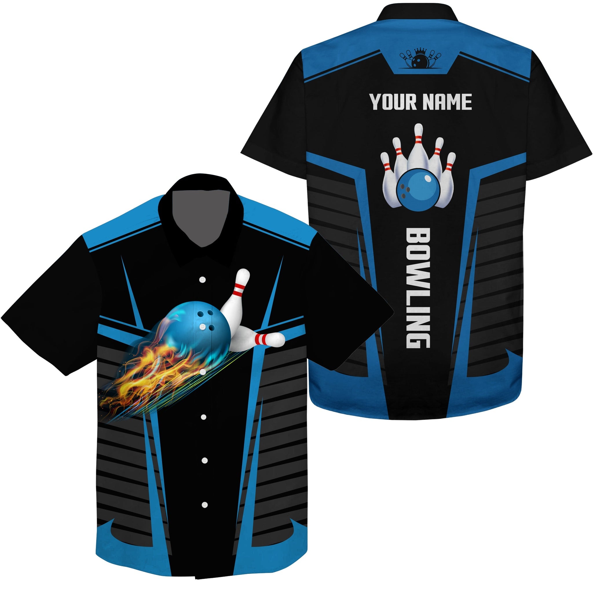 Customize Hawaiian Bowling Shirts With Flame Bowling Balls And Pins Black Blue Bowling Shirts For Men