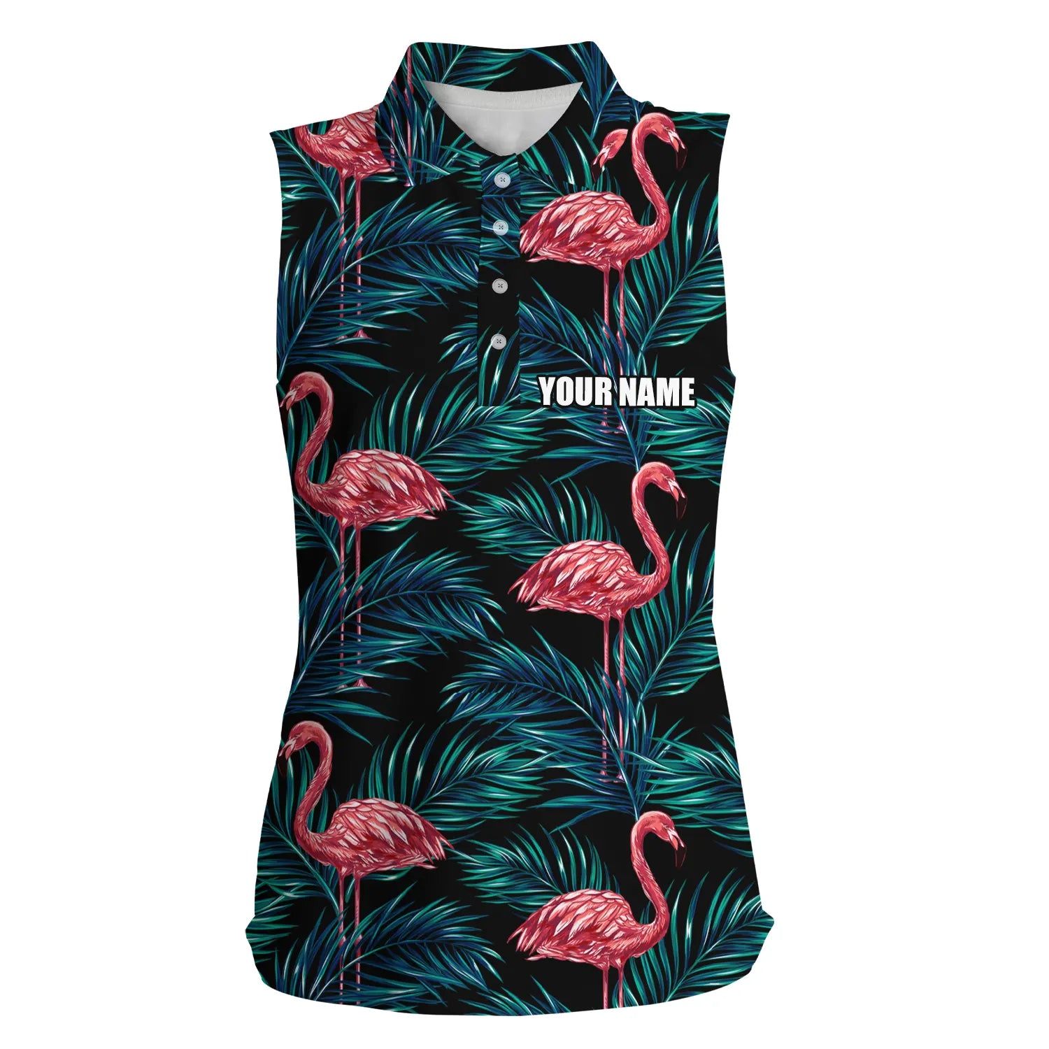 Women sleeveless polo shirts flamingo tropical palm leaves pattern/ custom team golf polo shirts