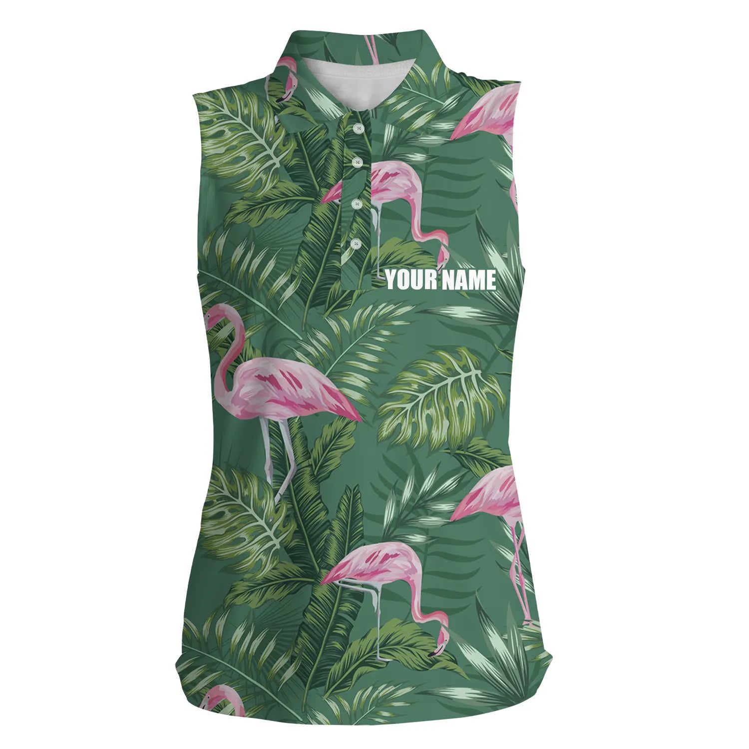 Women sleeveless polo shirt green tropical plants monstera flamingo golf shirts custom women golf top
