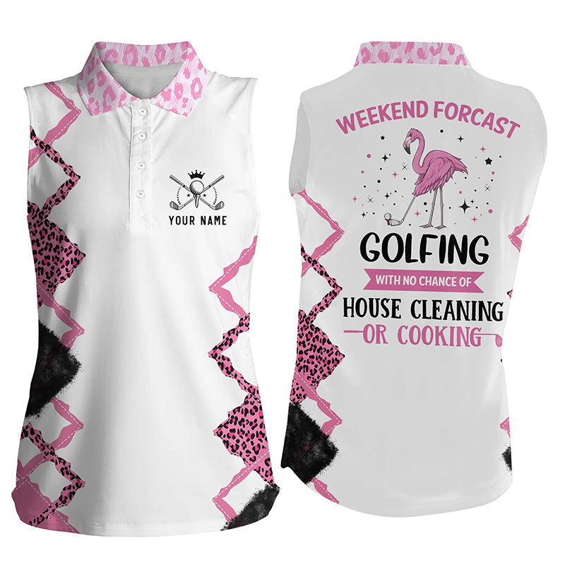 Pink flamingo leopard custom Sleeveless Polo Shirt weekend forecast golfing with no cleaning cooking