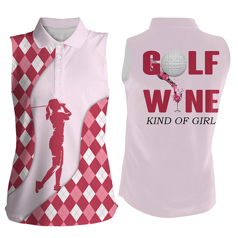 Sleeveless polo golf shirts for women/ Golf & wine kind of girl argyle plaid golf shirt for wine lovers