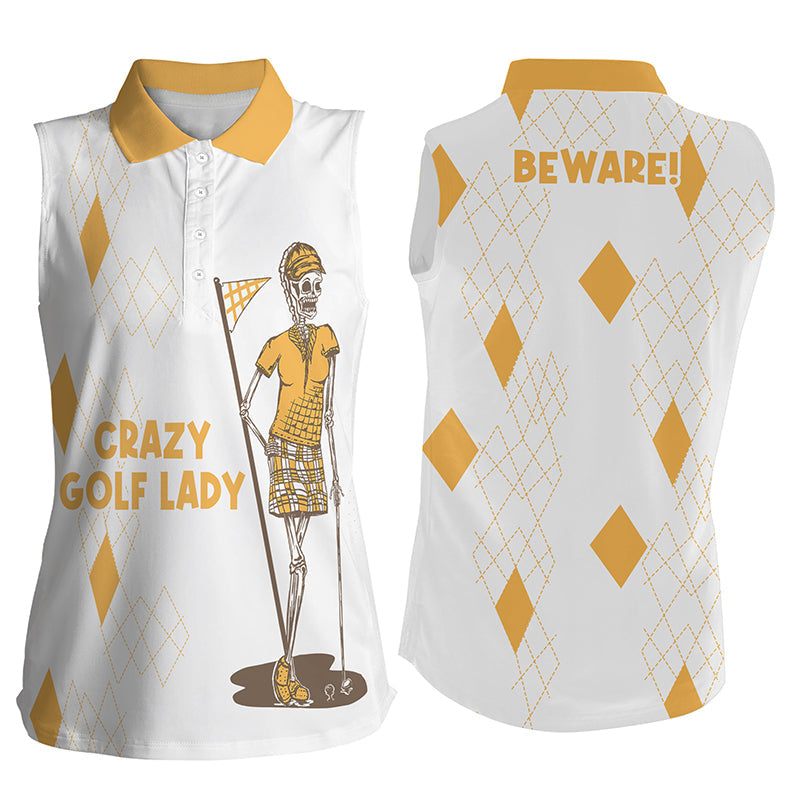 Funny Womens sleeveless polo shirt golf skull crazy golf lady beware womens golf tops