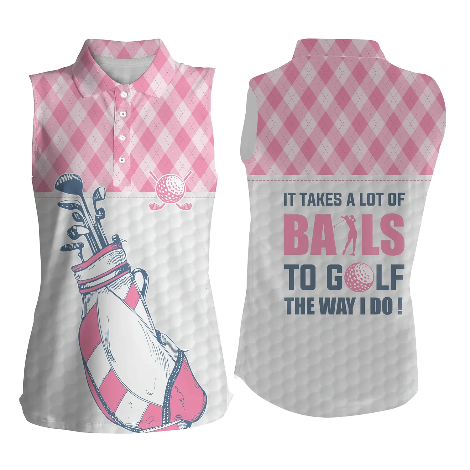 Women Sleeveless Polo Shirts It Takes A Lot Of Balls To Golf Pink Argyle Pattern Golf Shirts For Women