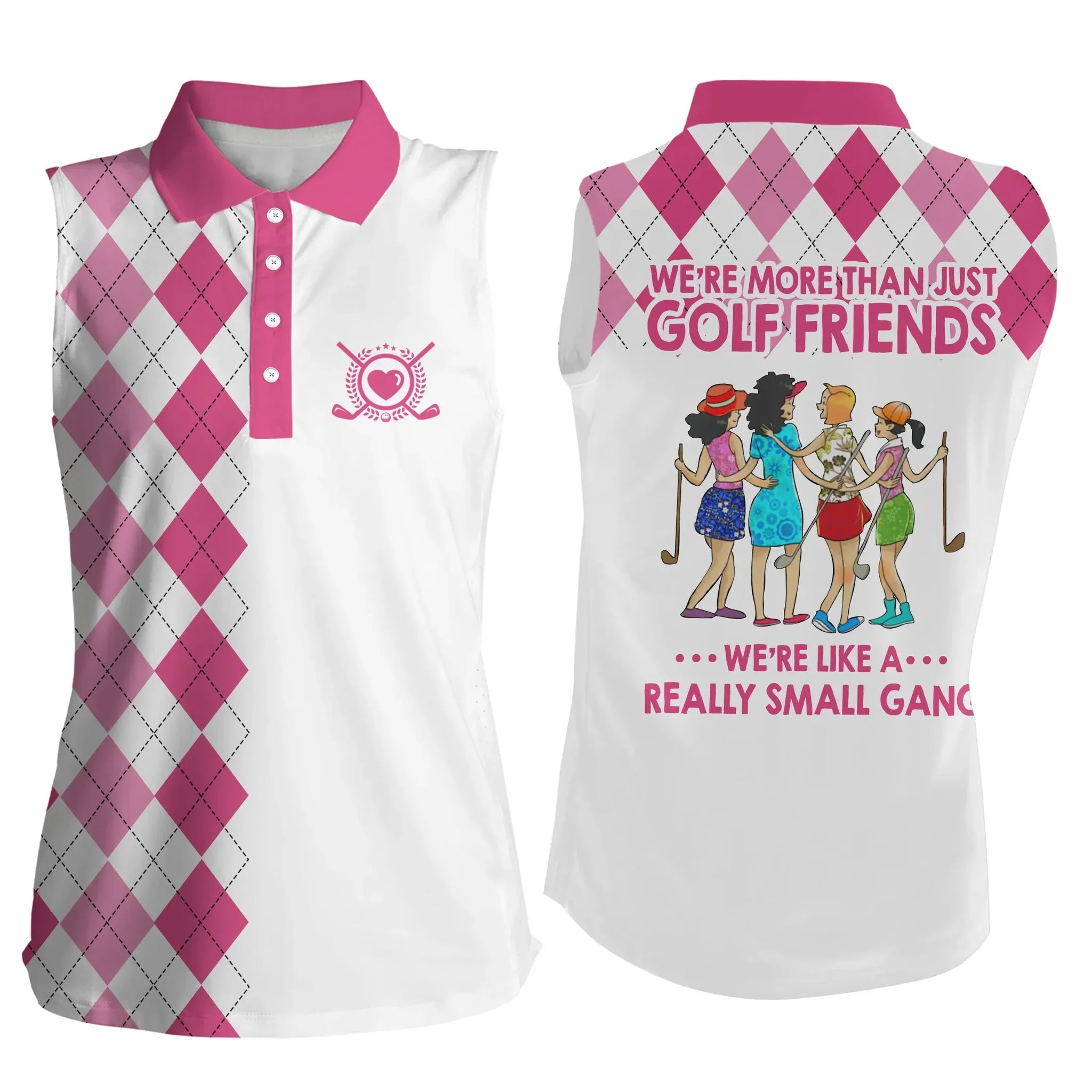 Womens sleeveless polo shirts/ multi-color argyle plaid we''re more than golf friends we''re small