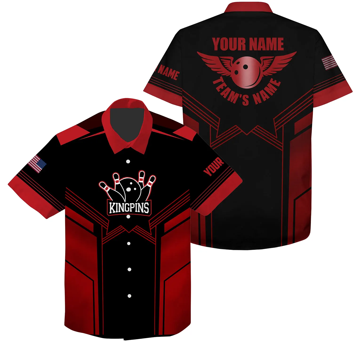 Red And Black Bowling Hawaiian Shirt For Men Custom Name And Team Name Mens Bowling Team Shirts