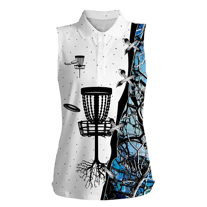 Womens sleeveless disc golf polo shirt/ blue camo disc golf hole disc golf team shirt/ disc golf gifts