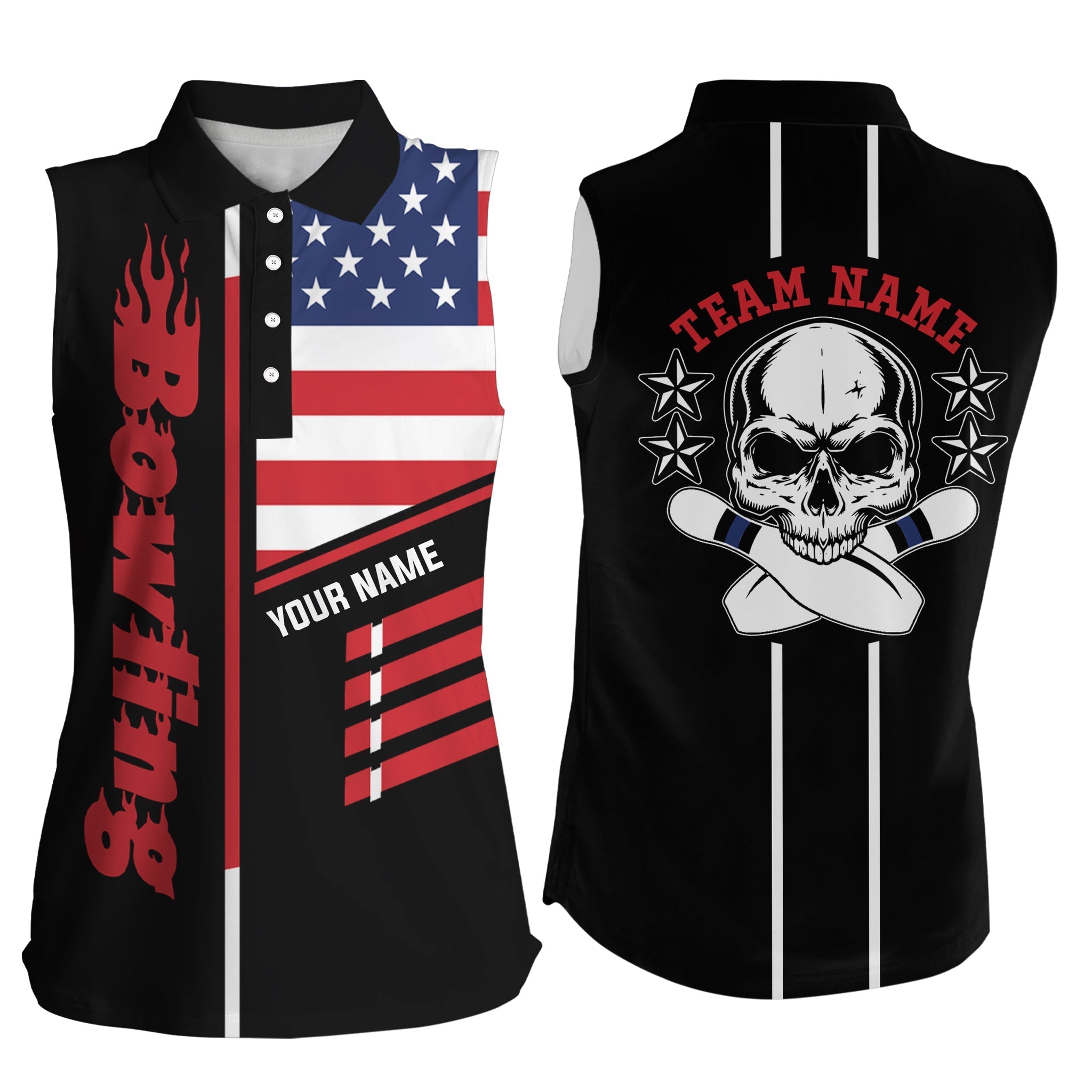 Bowling sleeveless polo Shirt/ Women Bowling Jersey/ Personalized American flag skull Bowling Team Shirt