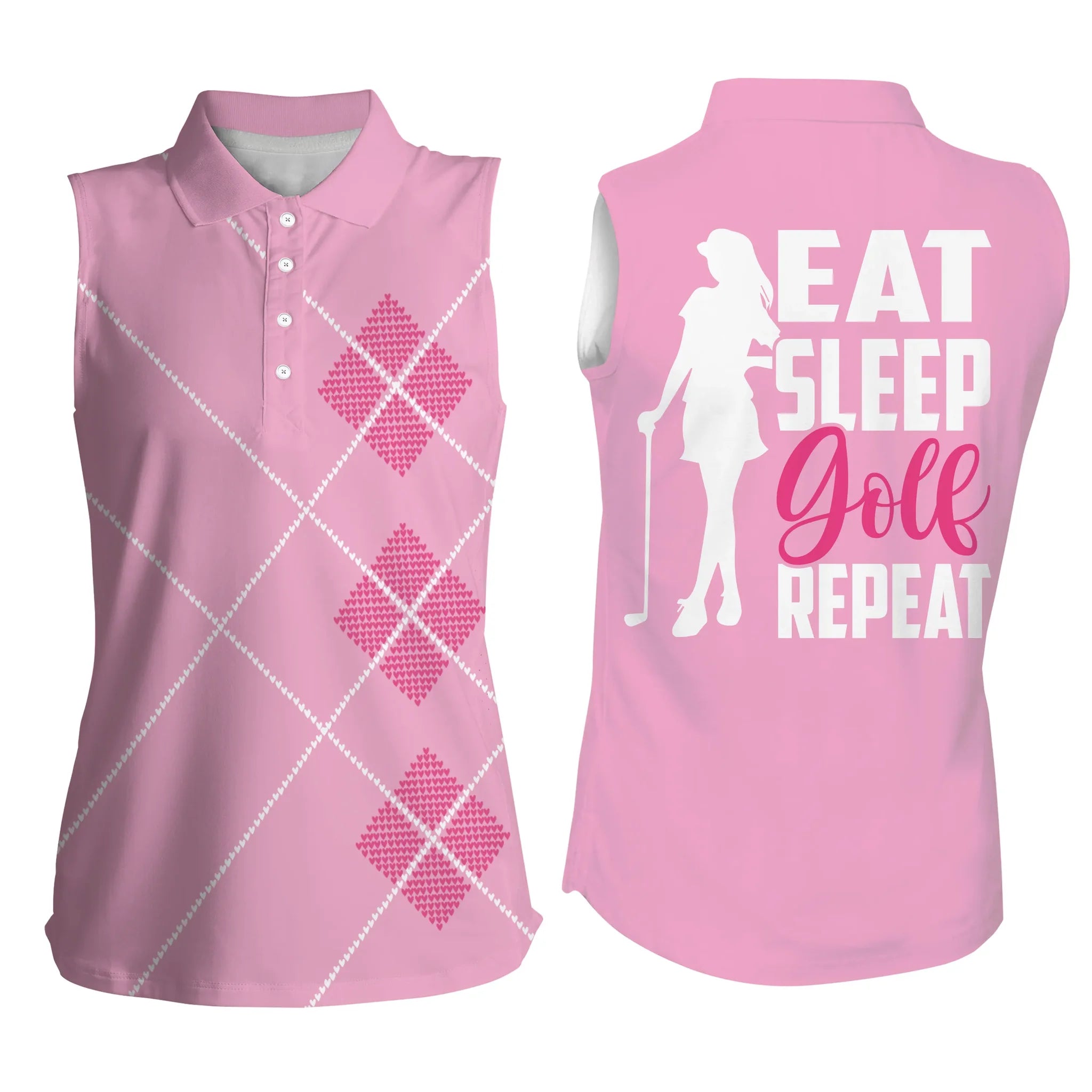 Women Sleeveless Polo Shirts Eat Sleep Golf Repeat Pink Argyle Pattern Ladies Golf Top For Women