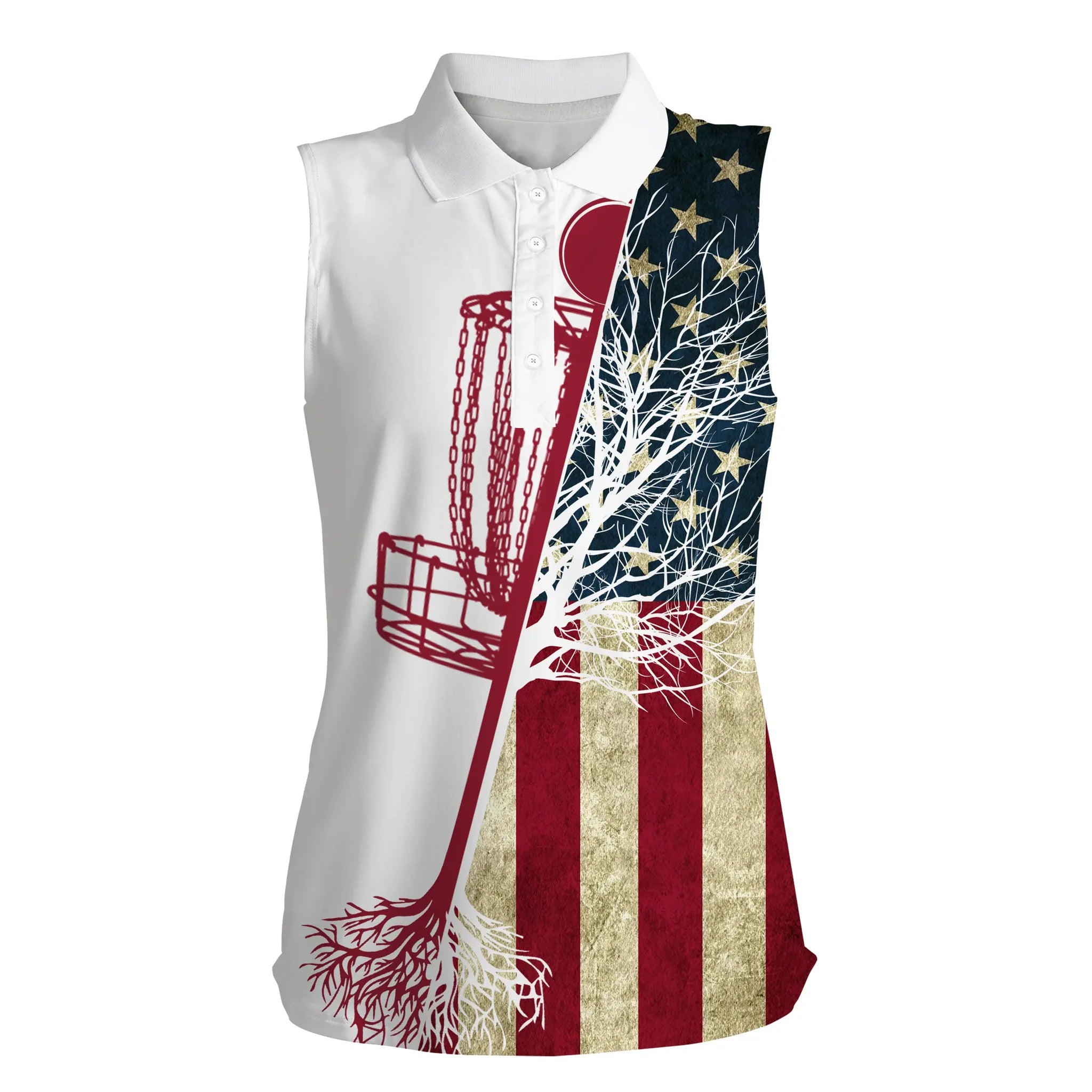 Women''s Disc Golf Sleeveless Polo Shirt Vintage American Flag Disc Golf Basket/ Patriot Disc Golf Shirt