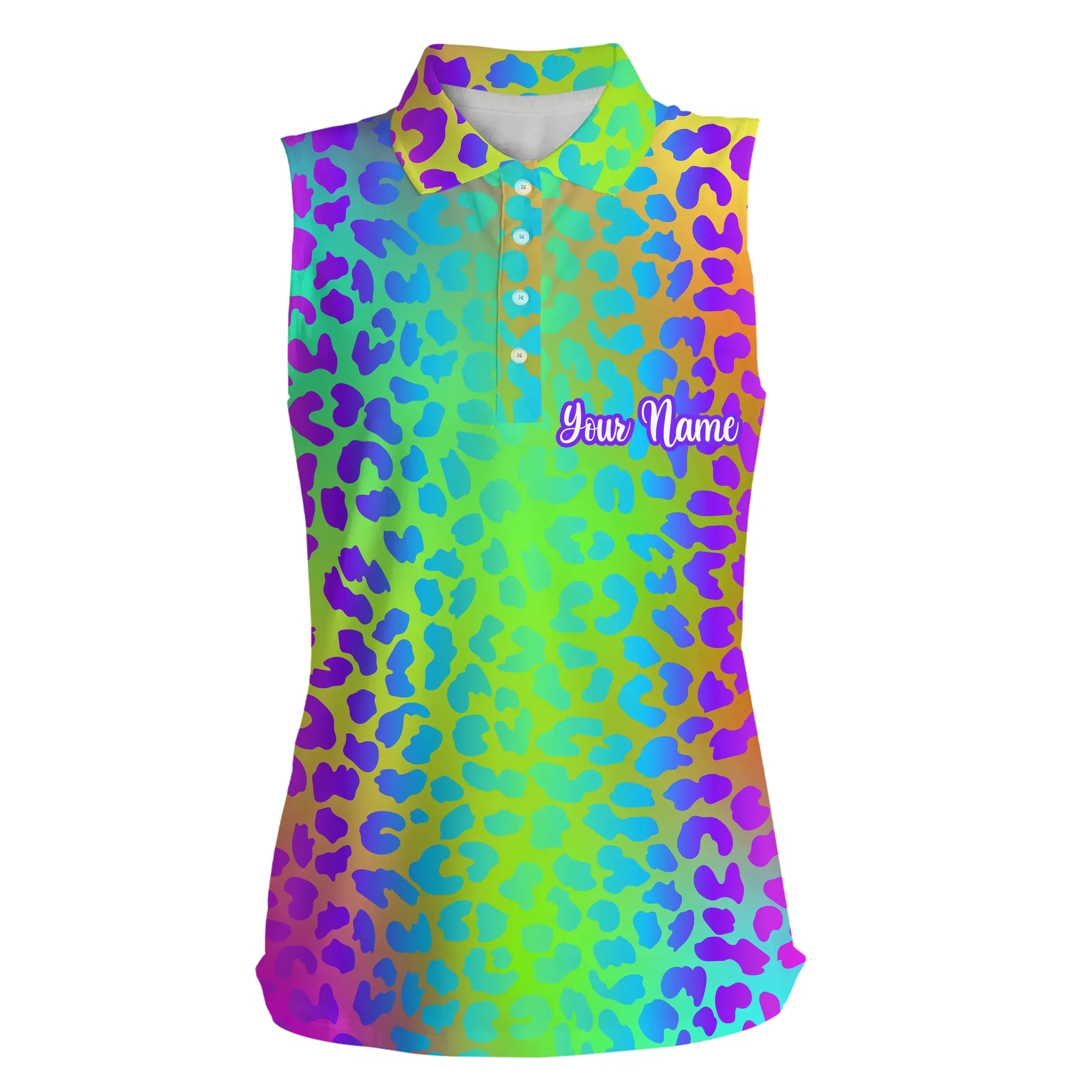 Womens sleeveless polo shirt neon rainbow leopard print custom pattern golf shirt/ women golf top