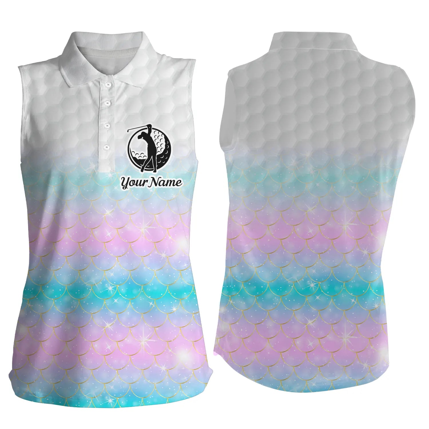 Custom Name Pattern Golf Shirts/ Ladies Golf Tops/ Women''s Sleeveless Polo Shirt Rainbow Mermaid Scales