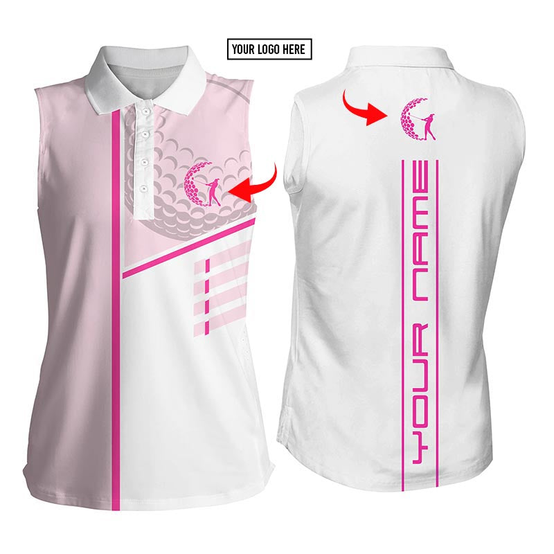 Custom Logo Golf Club Custom Name And Logo Pink & White Women''s Sleeveless Polo Shirt Personalized Golf Gift Coolspod