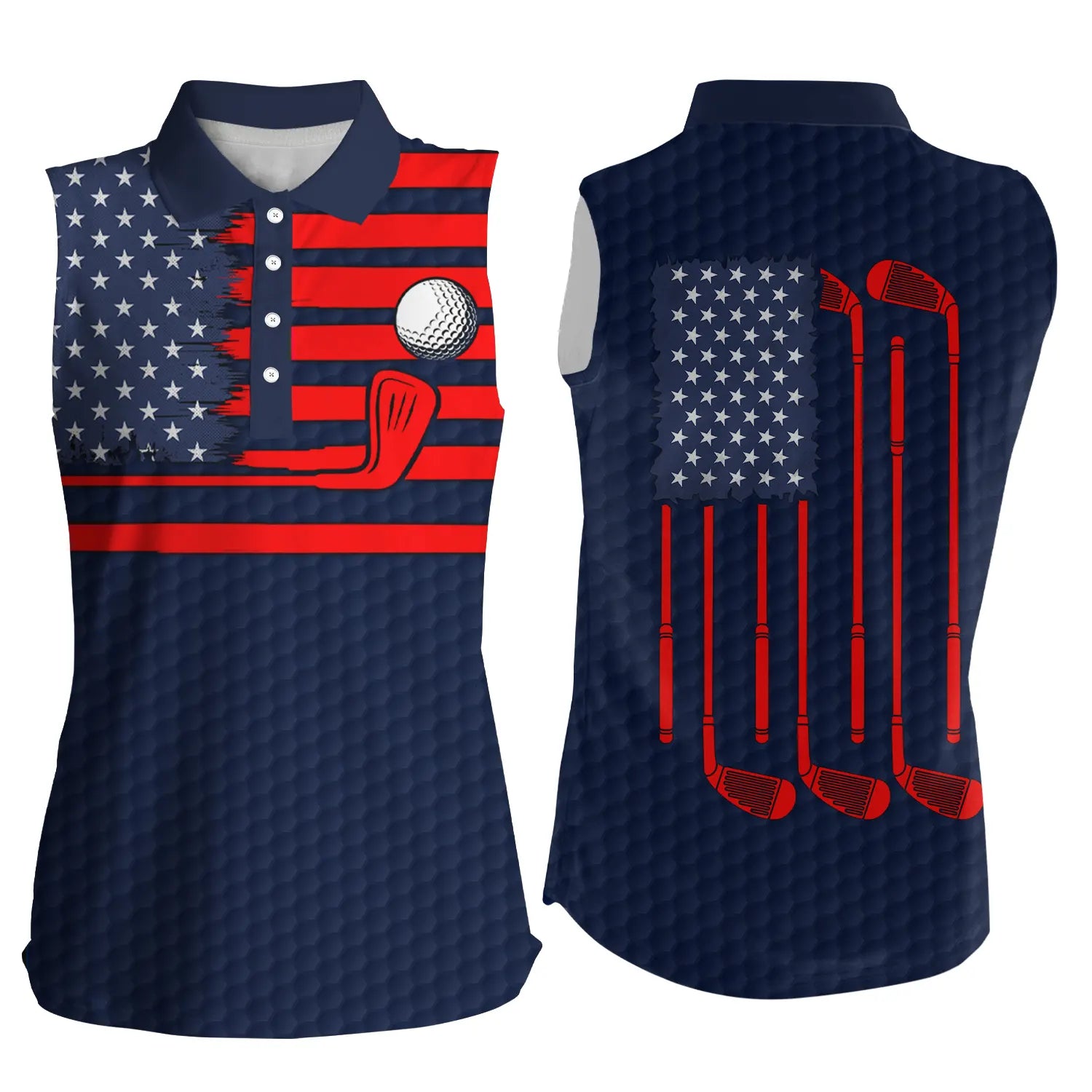 American flag patriotic womens sleeveless polo shirt blue golf polo shirt/ unique golf gifts