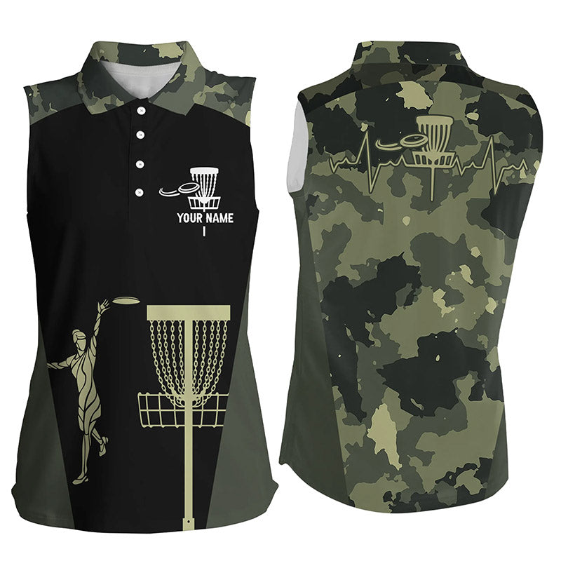 Women sleeveless polo shirt custom black camo disc golfers basket/ personalized disc golf gifts
