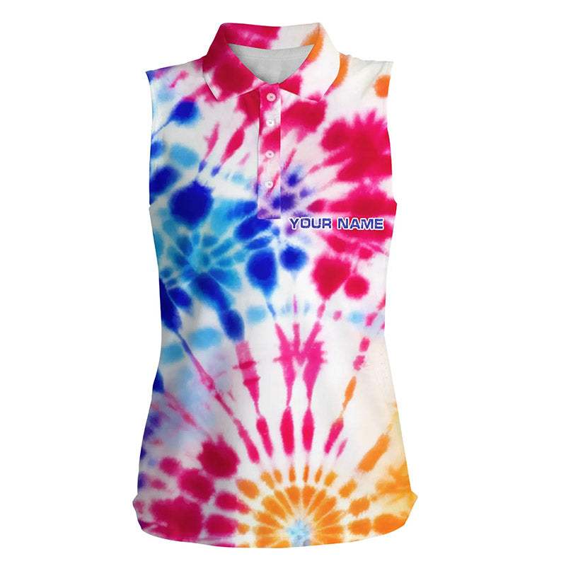 Womens sleeveless polo shirts with colorful tie dye pattern custom name team golf tops for women