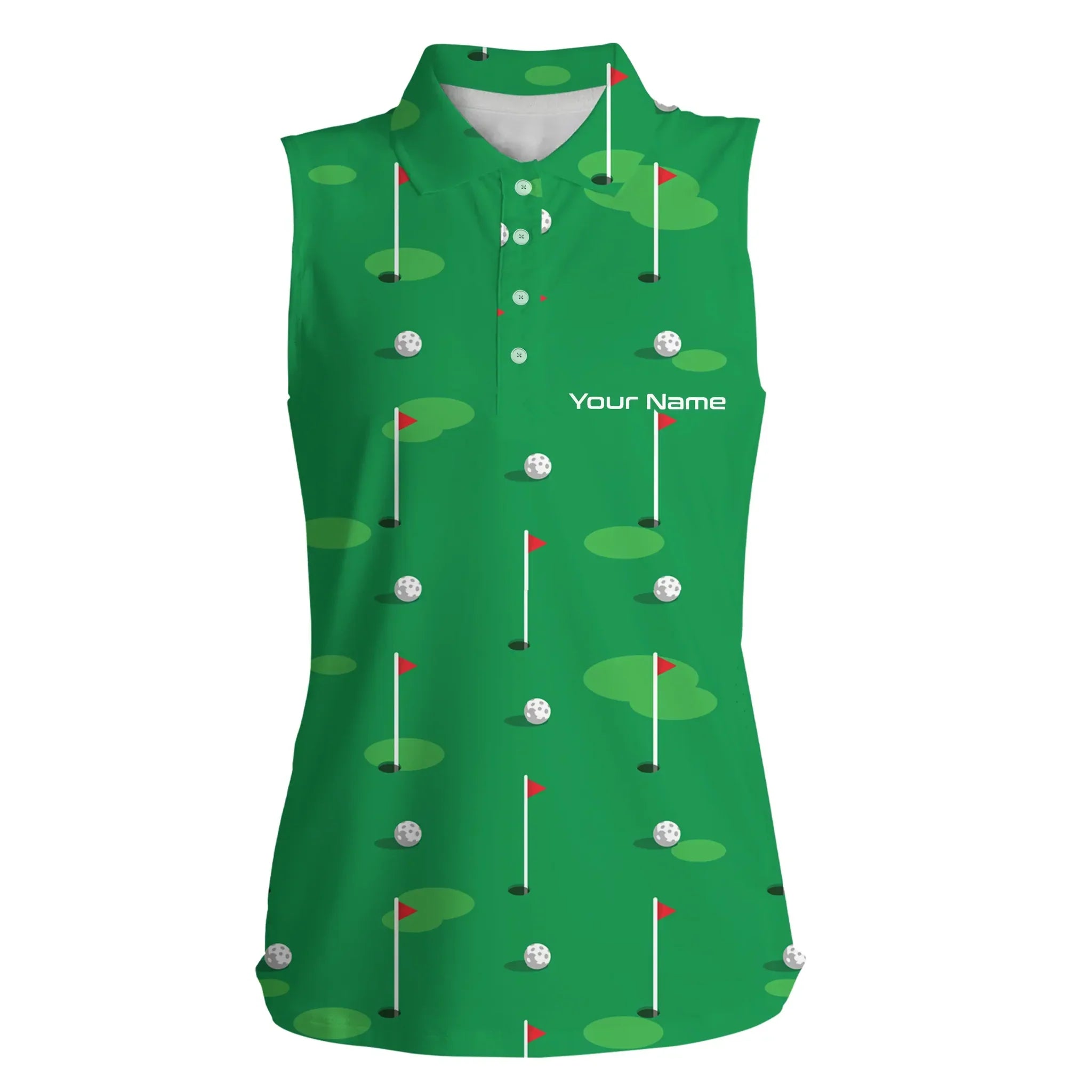 Womens sleeveless polo shirt custom golf flag and balls green Golf Course pattern golf shirt for women