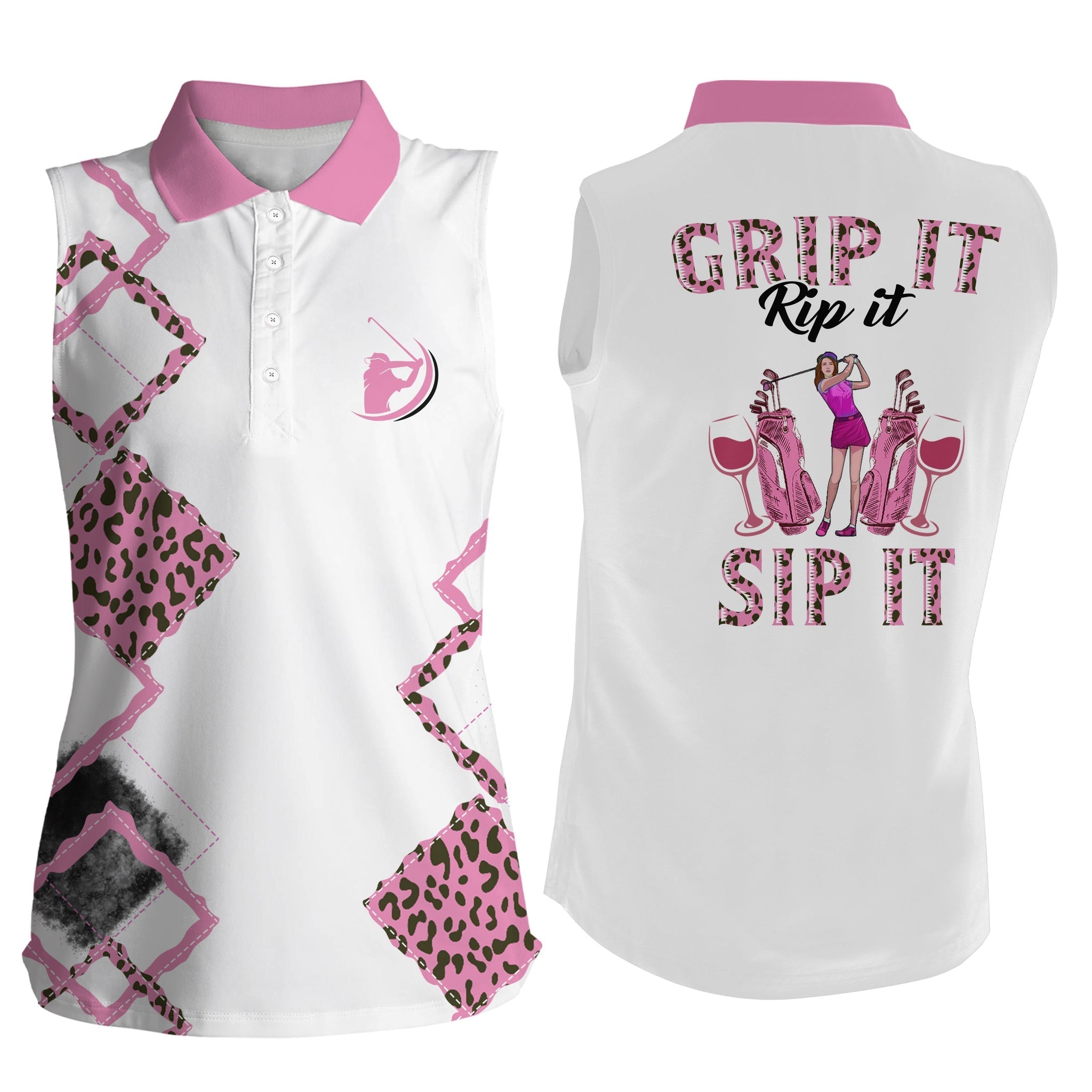 Pink leopard Women sleeveless polo shirt grip it rip it sip it/ womens golf tanks golf tops for ladies