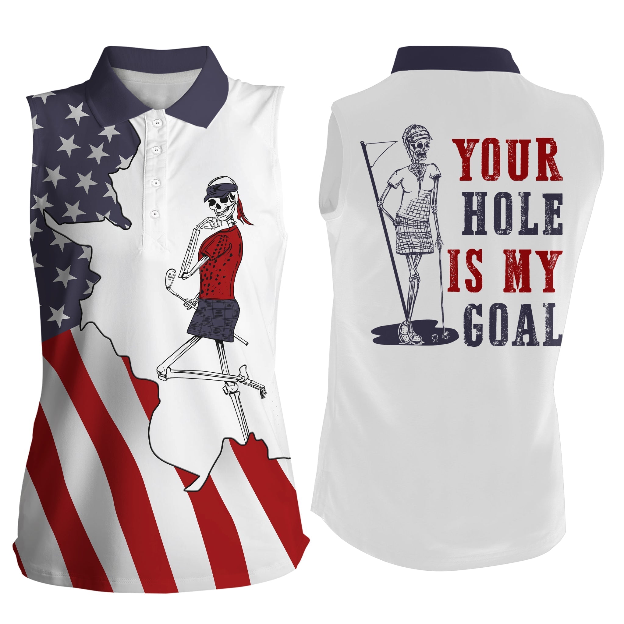 American flag patriotic Womens sleeveless polo shirt/ funny golf skull your hole is my goal golf gifts