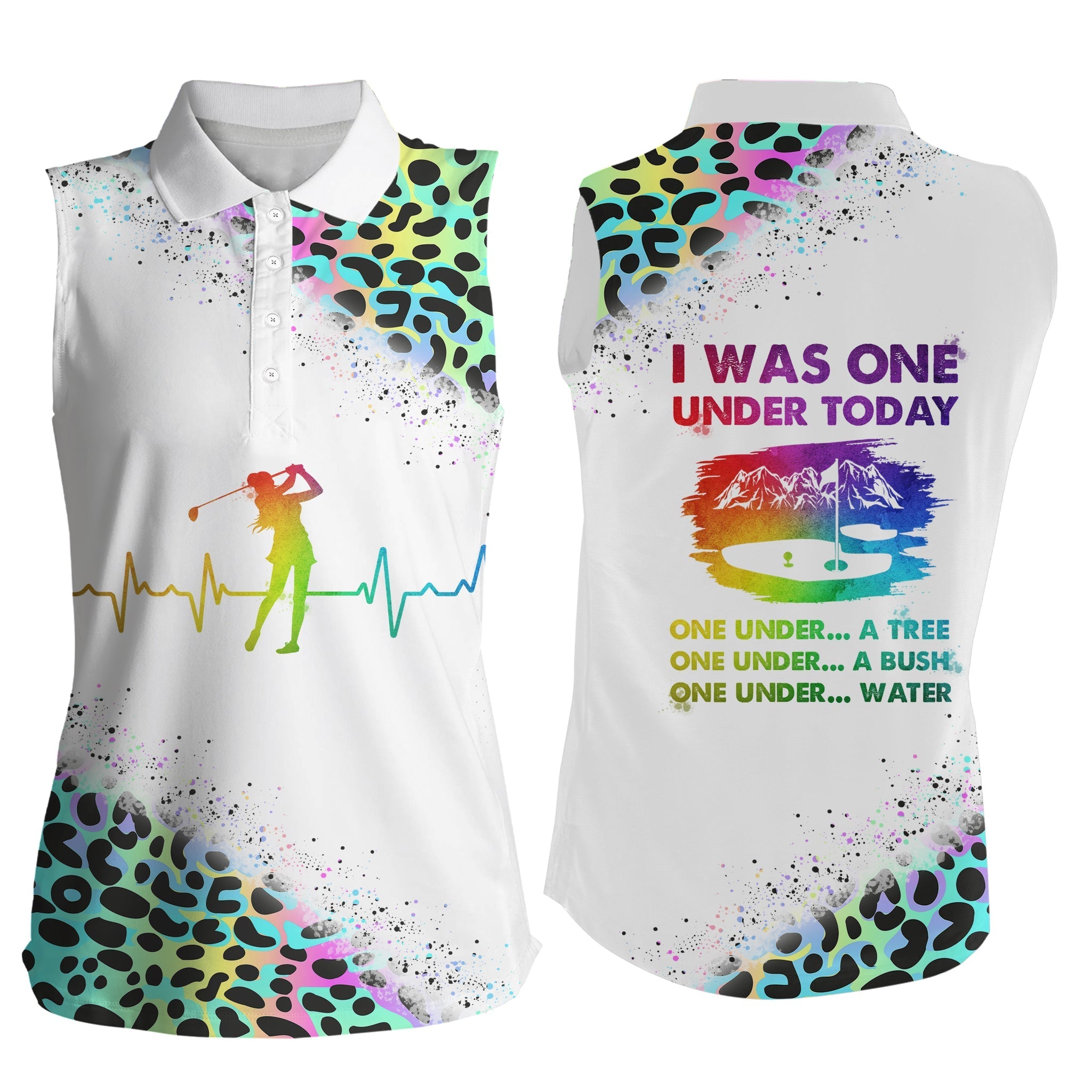 Funny Golf shirts for women/ I was one under today neon rainbow leopard women Sleeveless polo shirts