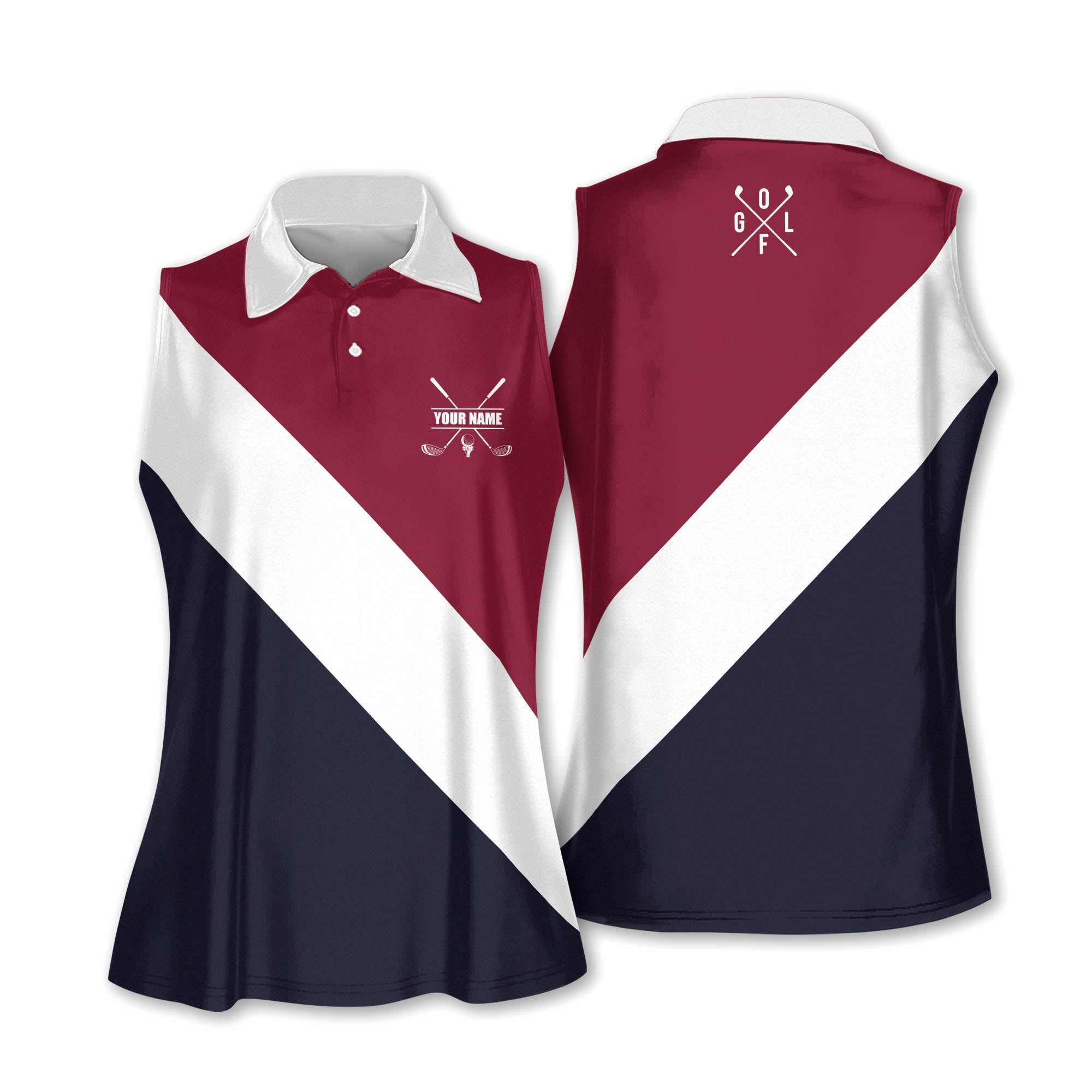 Womens Golf Polo Shirt Custom Name Color Maroon White And Navy Women Golf Sleeveless Short Sleeve Shirt