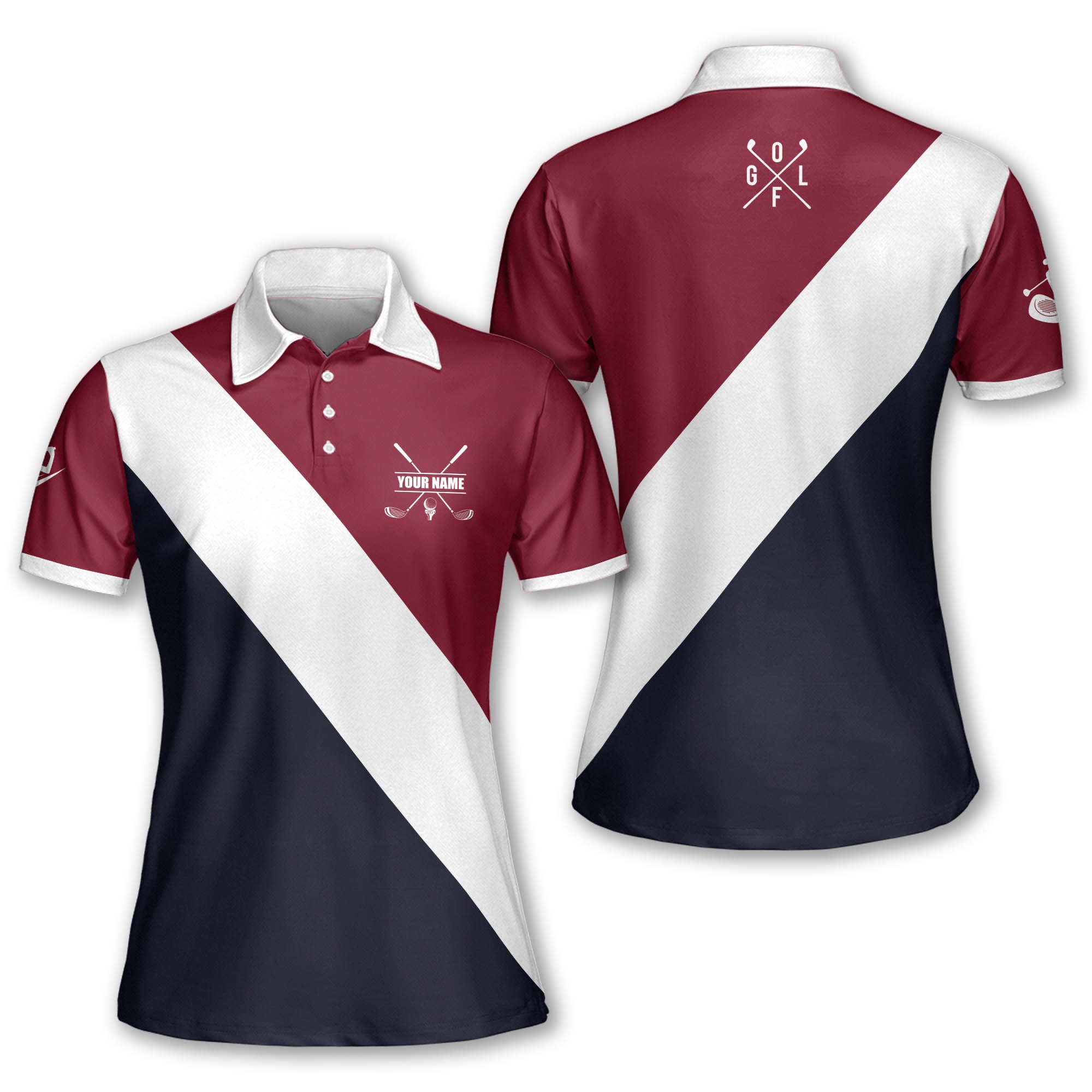 Womens Golf Polo Shirt Custom Name Color Maroon White And Navy Women Golf Sleeveless Short Sleeve Shirt