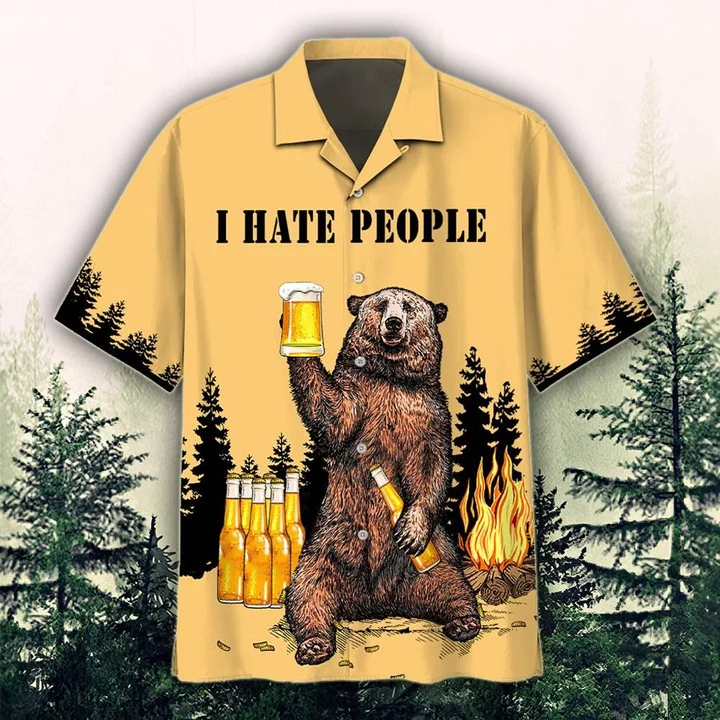Bear Drinking Beer Summer Hawaiian Shirt/ I Hate People Beer With Mug Beer Gold Theme Hawaiian Shirt