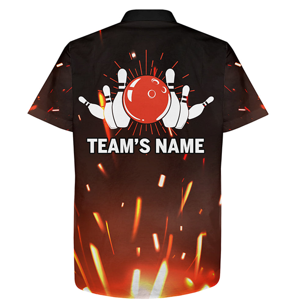 Personalized Hawaiian Bowling Shirt Flame/ Bowling Ball and Pins Short Sleeve Team Bowlers Jersey