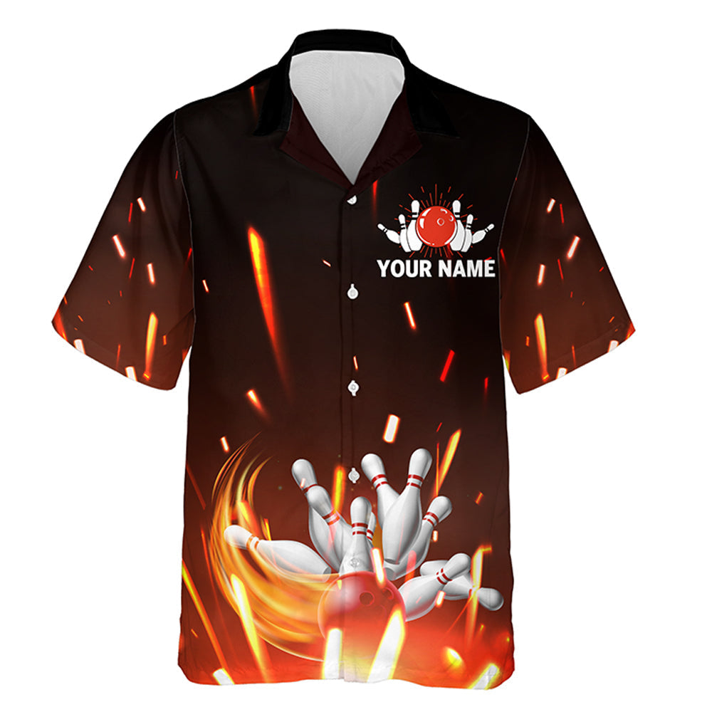 Personalized Hawaiian Bowling Shirt Flame Bowling Ball and Pins Short Sleeve Team Bowlers