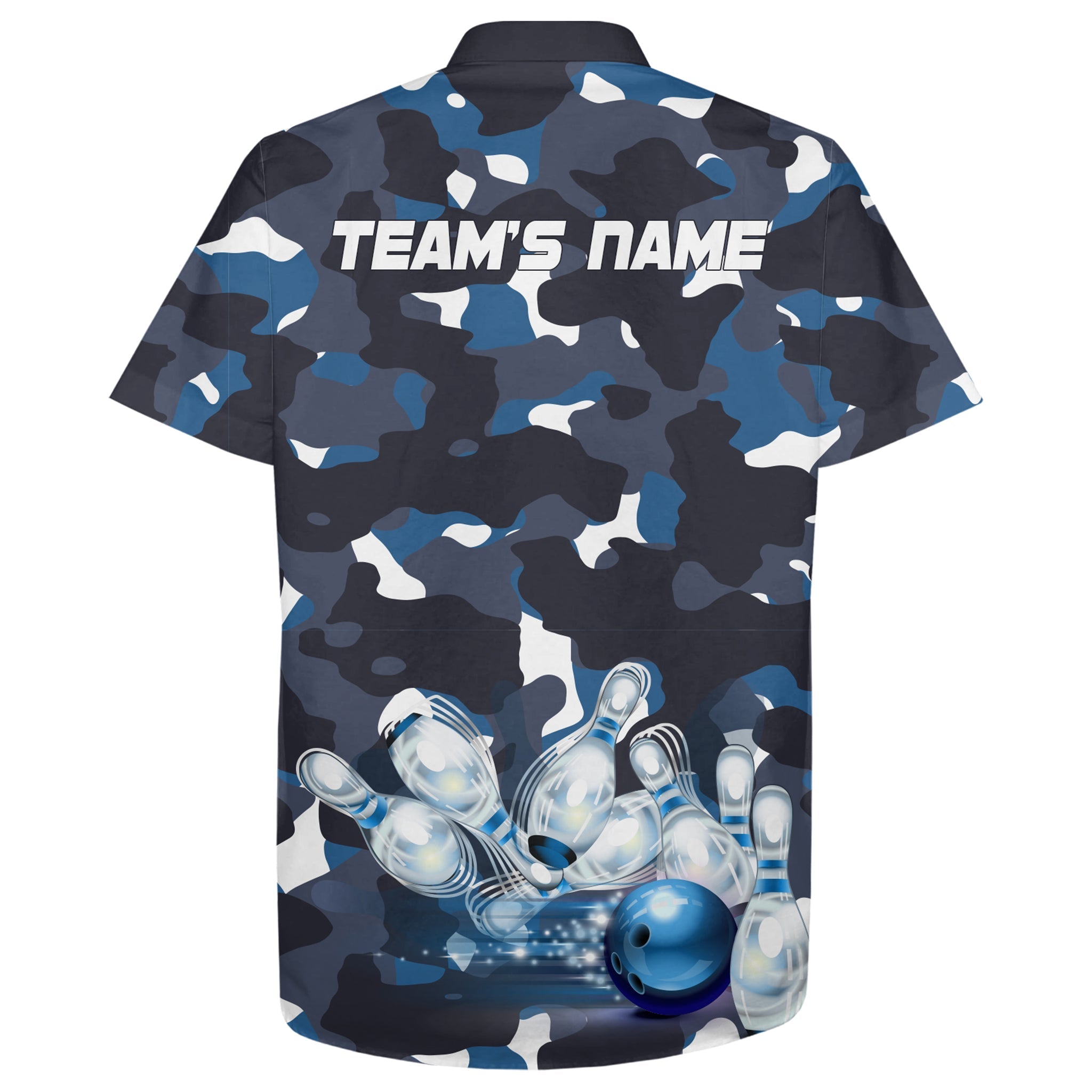 Blue Camo Hawaiian Bowling Shirt for Men Women/ Custom Team Name Short Sleeve Bowlers Jersey