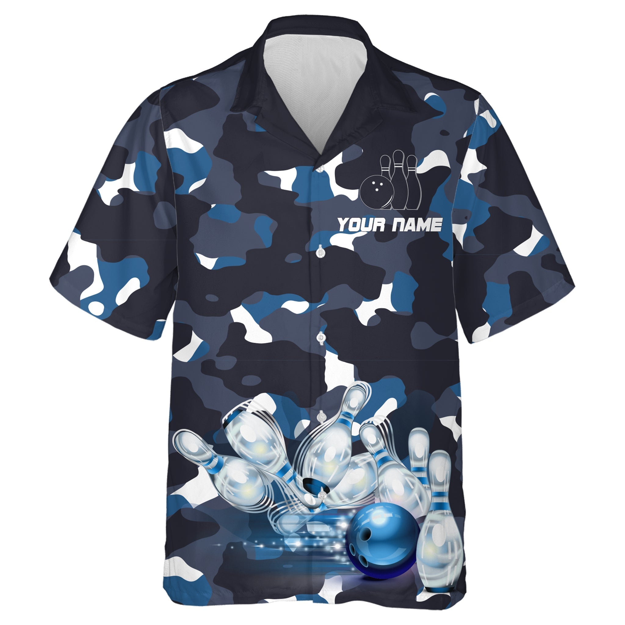Blue Camo Hawaiian Bowling Shirt for Men Women/ Custom Team Name Short Sleeve Bowlers Jersey