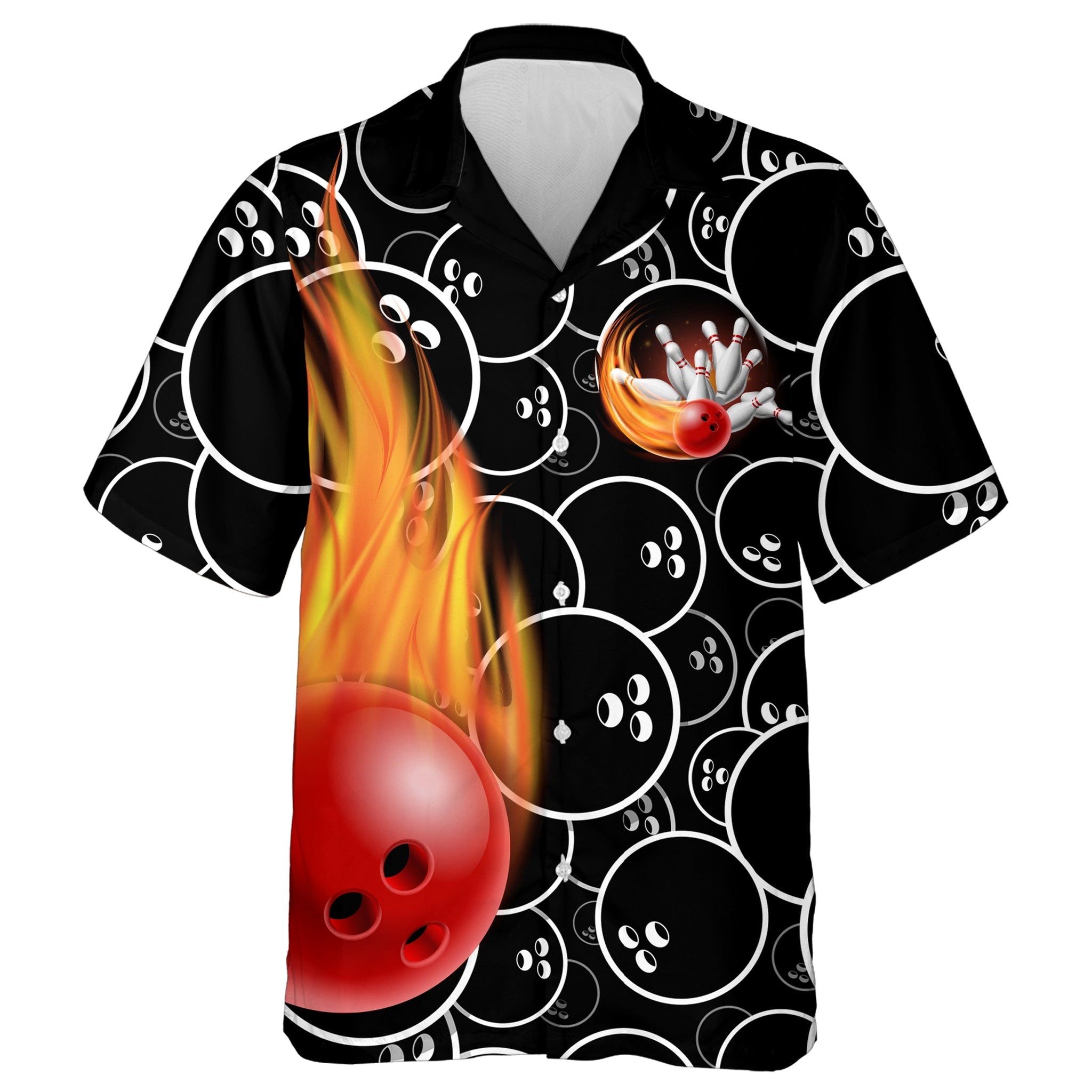 Personalized Flame Hawaiian Bowling Shirt/ Men Women Skull Pins Black Bowlers