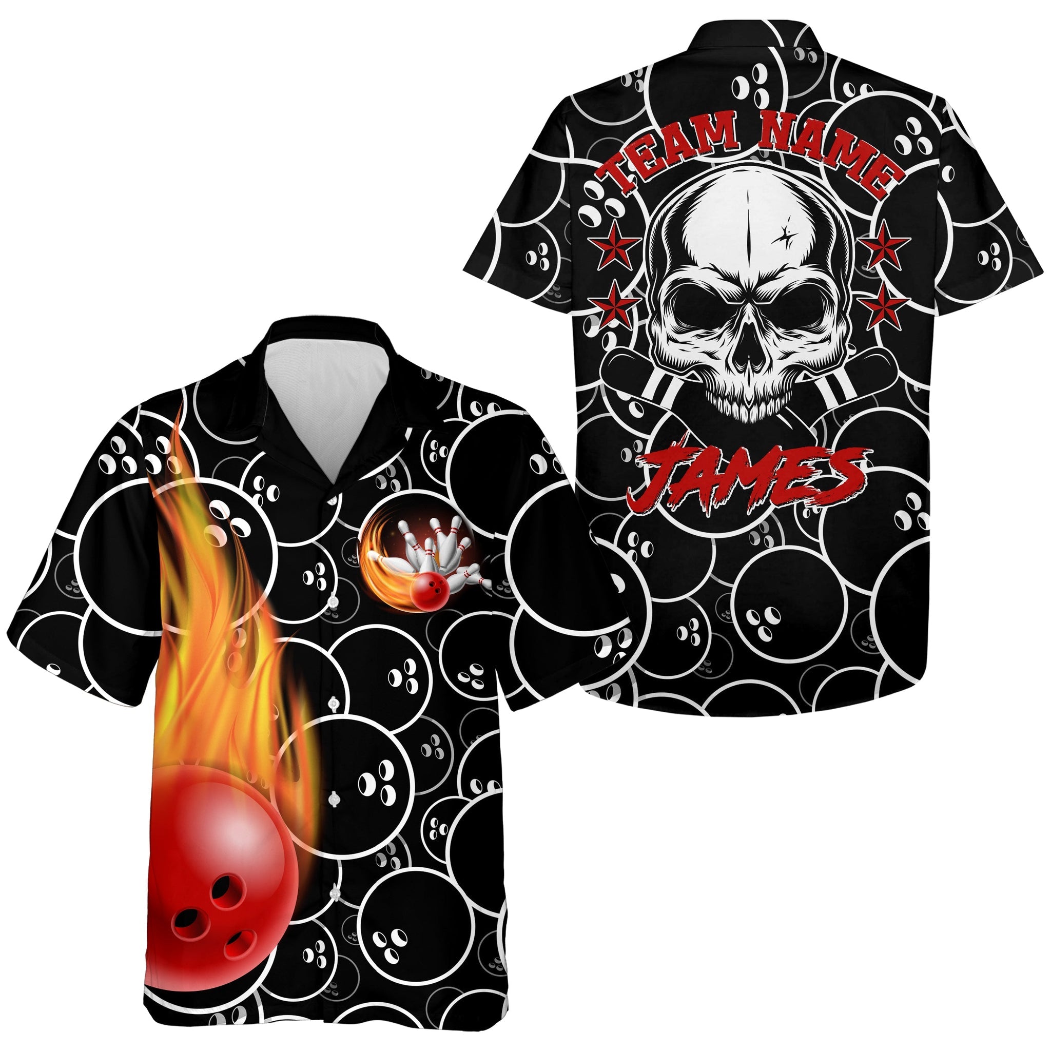 Personalized Flame Hawaiian Bowling Shirt/ Men Women Skull Pins Black Bowlers