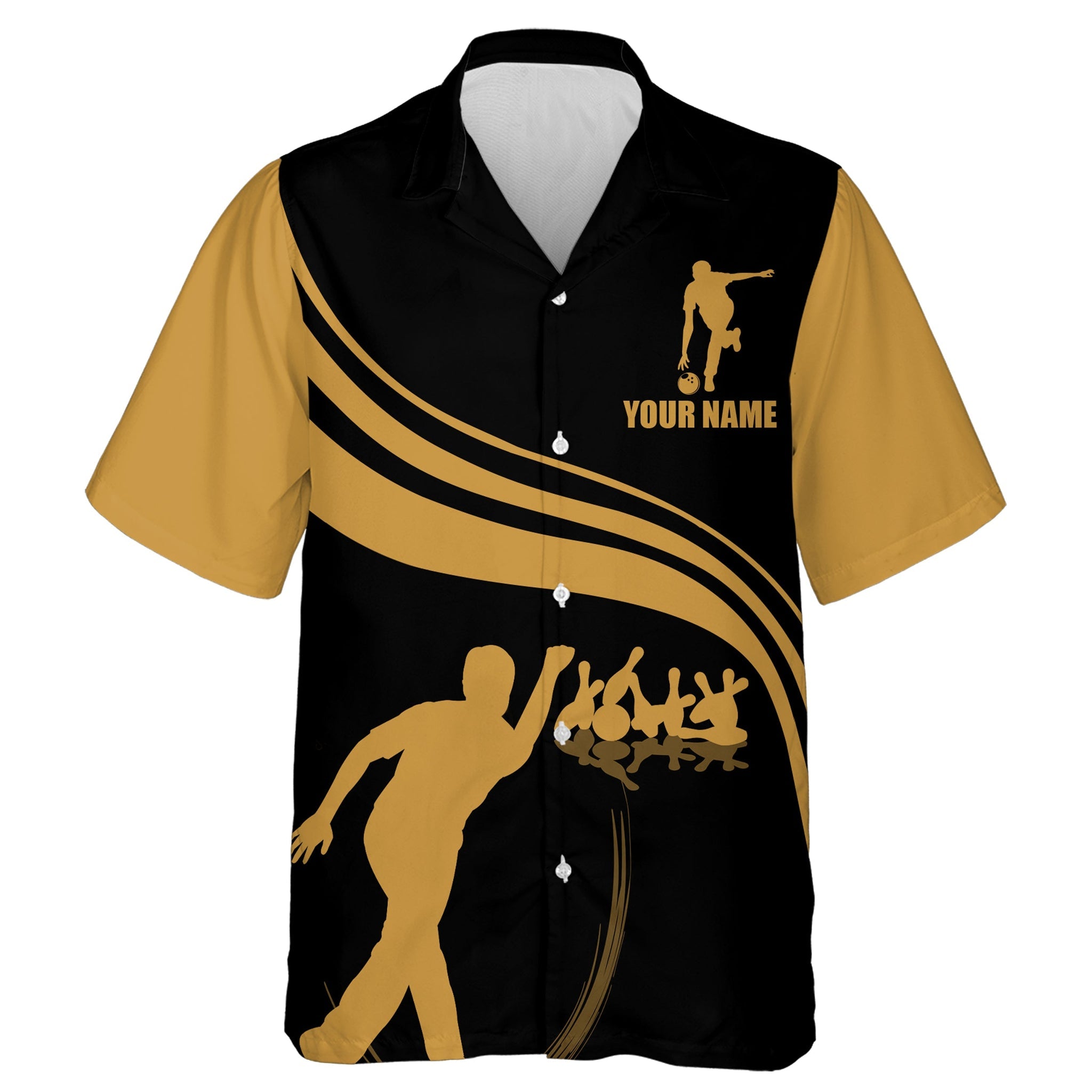Personalized Hawaiian Bowling Shirt Black and Gold Bowlers Custom Team Bowling Hawaiian Shirt