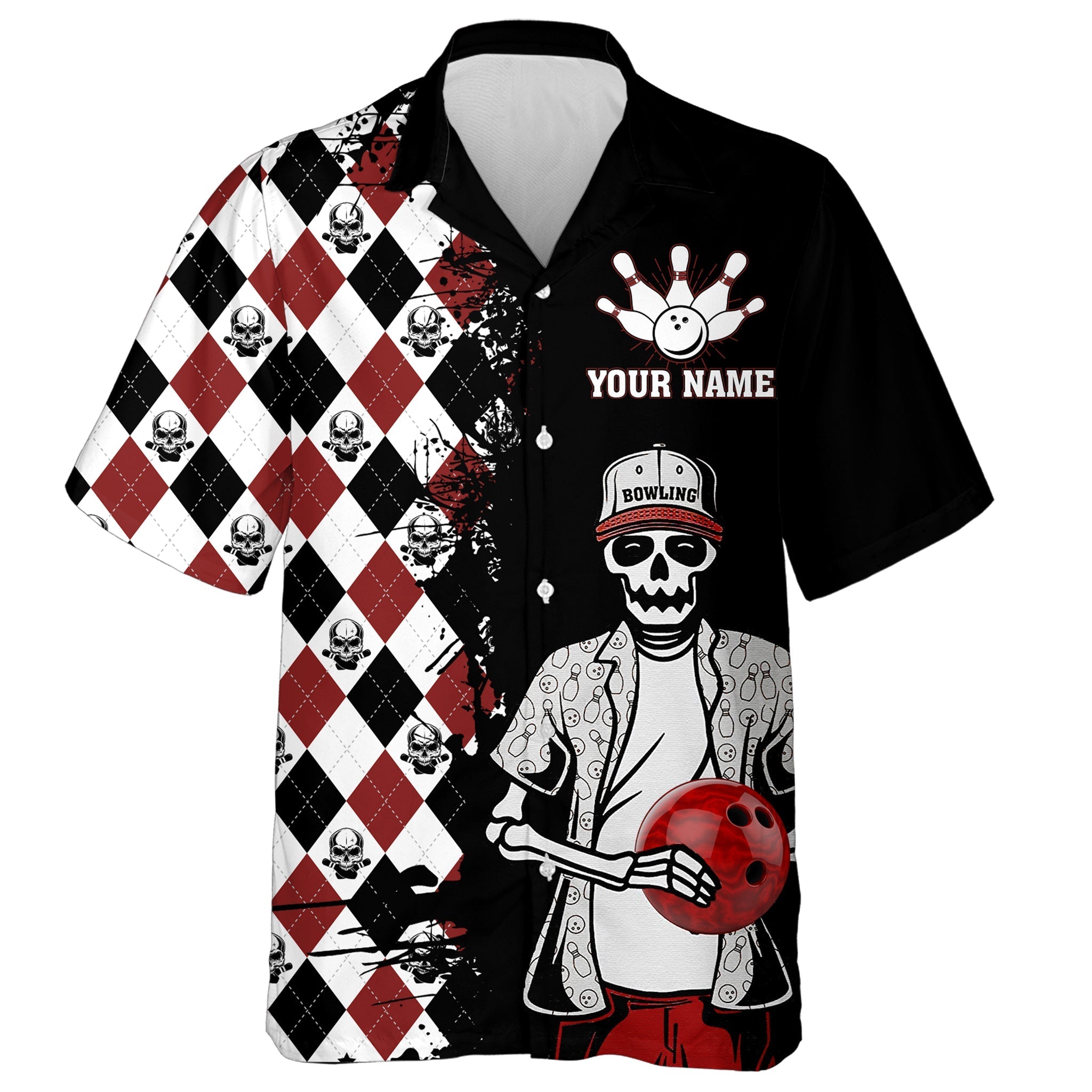 Skull Hawaiian Bowling Shirt Men Women/ Personalized Name Argyle Bowling Pattern Bowler Team Jersey