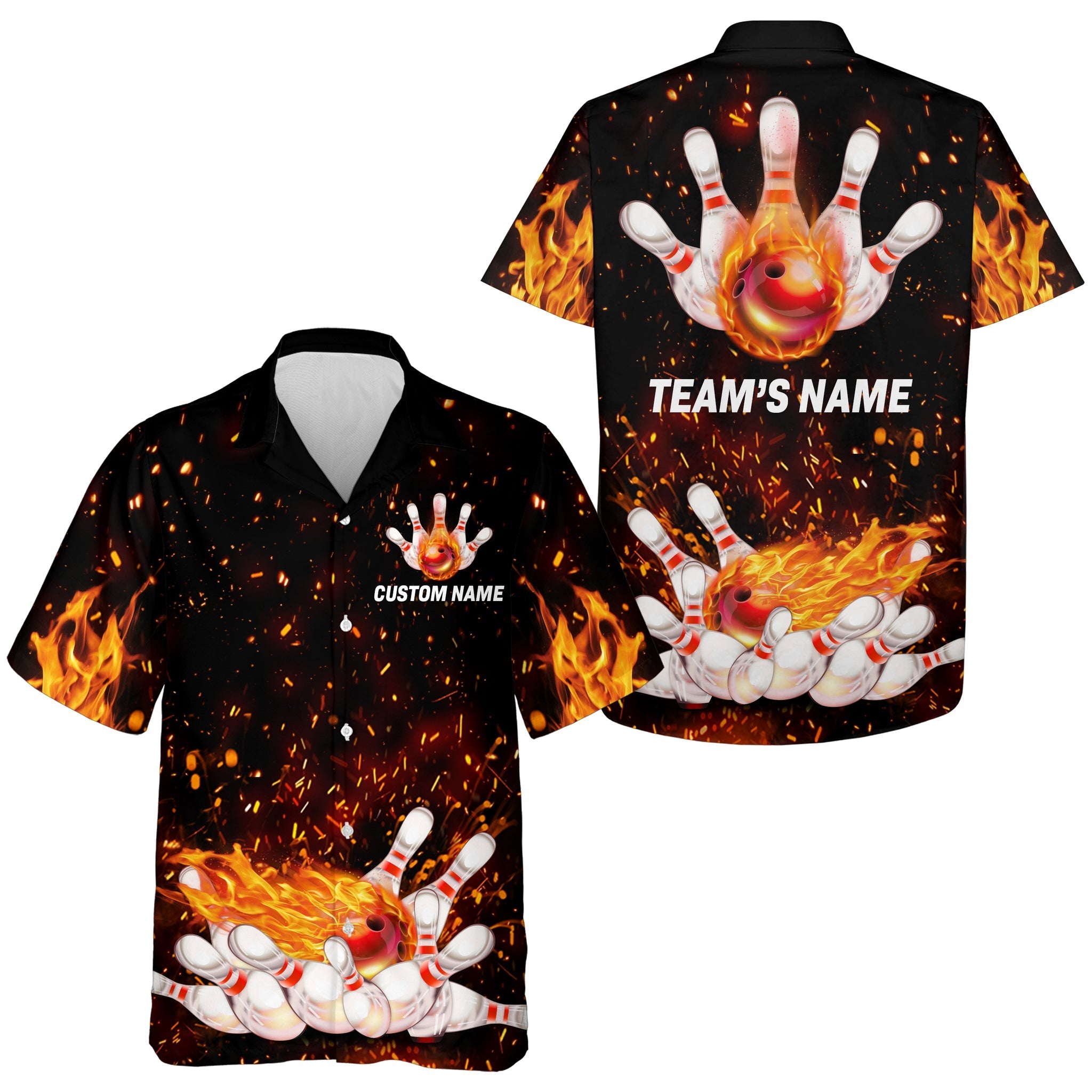 Flame Hawaiian Bowling Shirt/ Personalized Team Bowlers Jersey Short Sleeve Button Down Fire Bowling