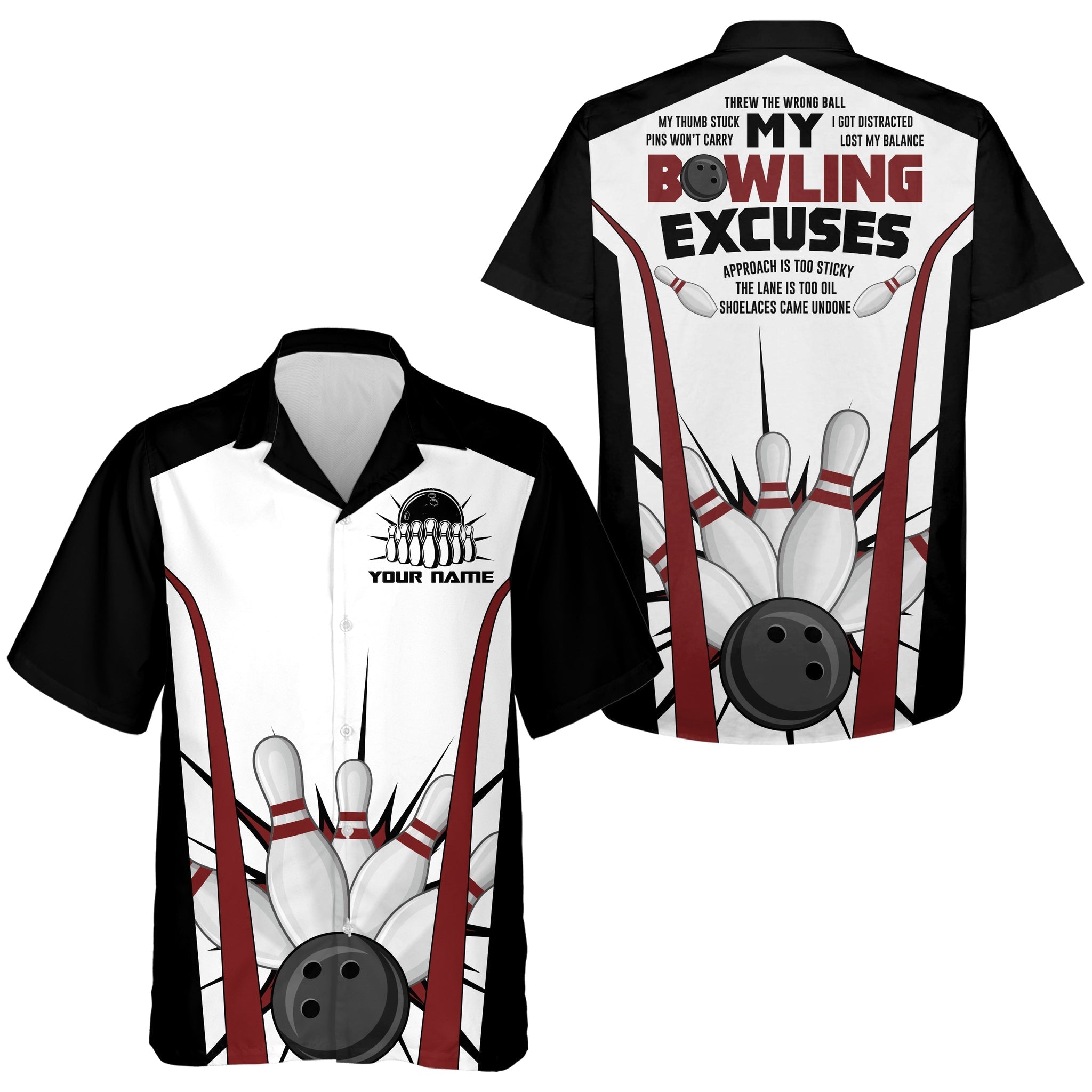 Funny Hawaiian Bowling Shirt for Men Women/ Custom Name Bowlers Jersey/ Bowling Excuses 3D Print