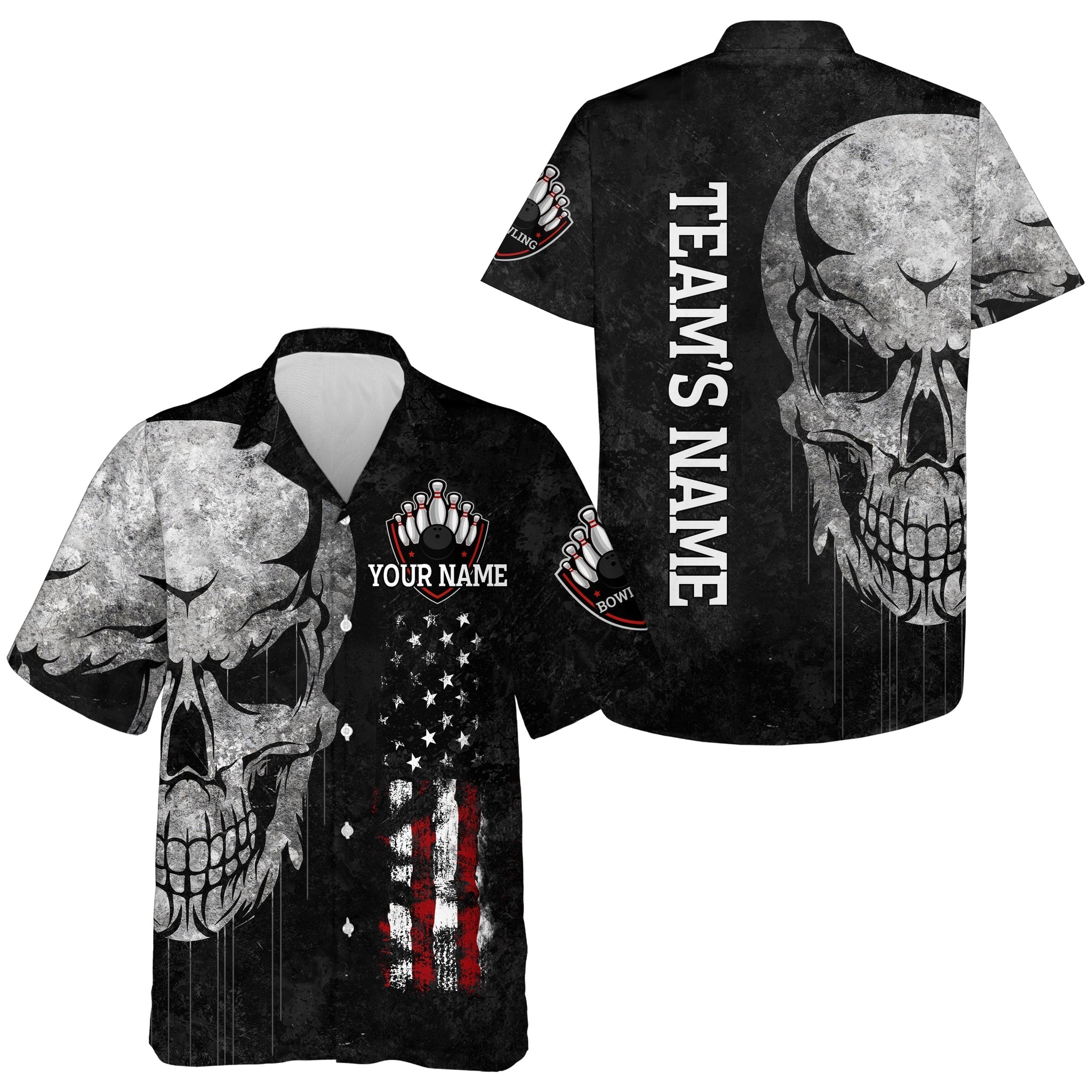 Men Women Skull Hawaiian Bowling Shirt/ Patriotic Custom Name Black Bowlers Jersey American Flag